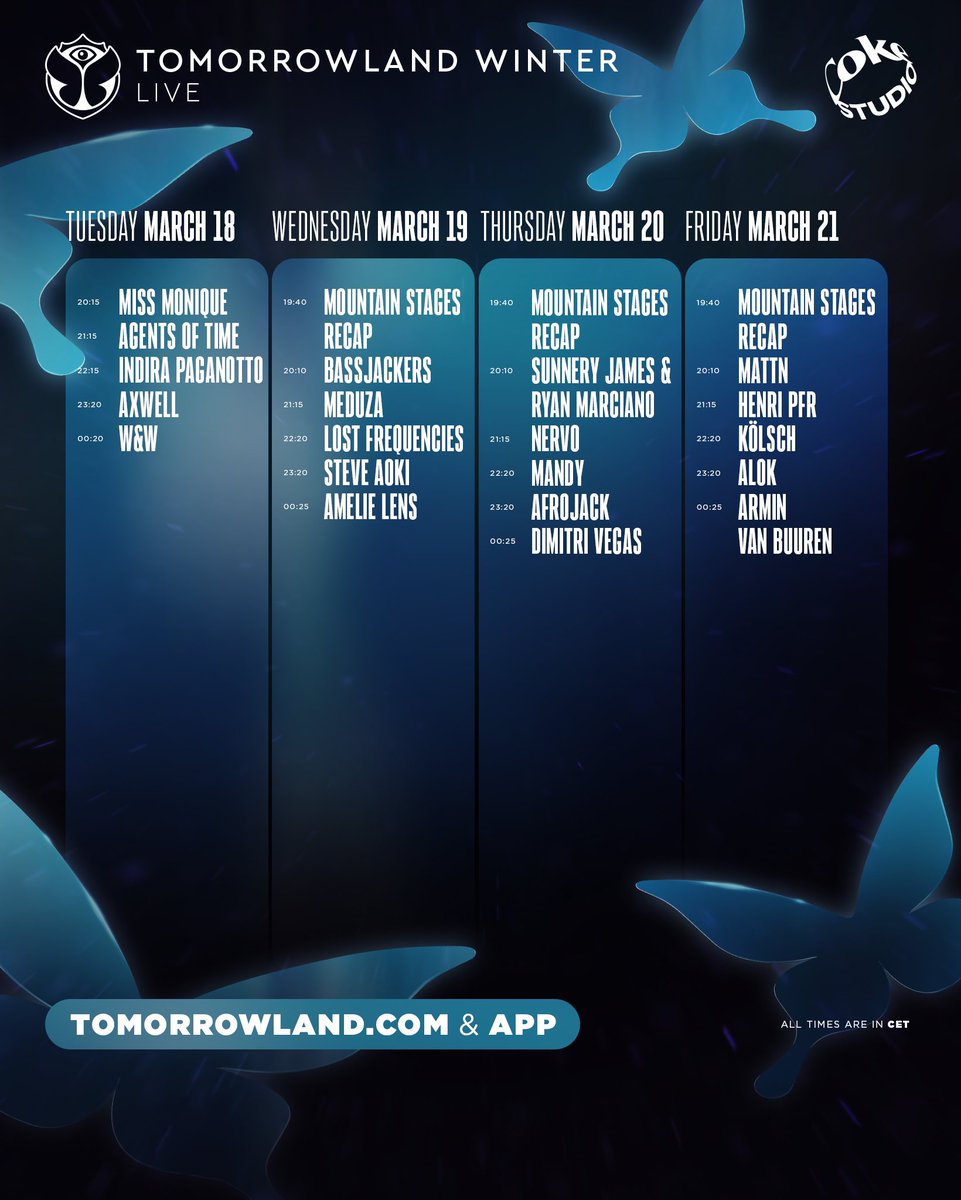Tomorrowland Winter (@tmlwinter) on Twitter photo Prepare for incredible performances at Tomorrowland Winter 2025. Follow the magic LIVE on March 18, 19, 20 and 21 at Tomorrowland.com and in the Tomorrowland App. All times in CET. Together with <a href="/cocacolafr/">Coca-Cola France</a>, <a href="/PragmaticPlay/">Pragmatic Play</a> and Apple Music. Prepare for incredible performances at Tomorrowland Winter 2025. Follow the magic LIVE on March 18, 19, 20 and 21 at Tomorrowland.com and in the Tomorrowland App. All times in CET. Together with <a href="/cocacolafr/">Coca-Cola France</a>, <a href="/PragmaticPlay/">Pragmatic Play</a> and Apple Music.