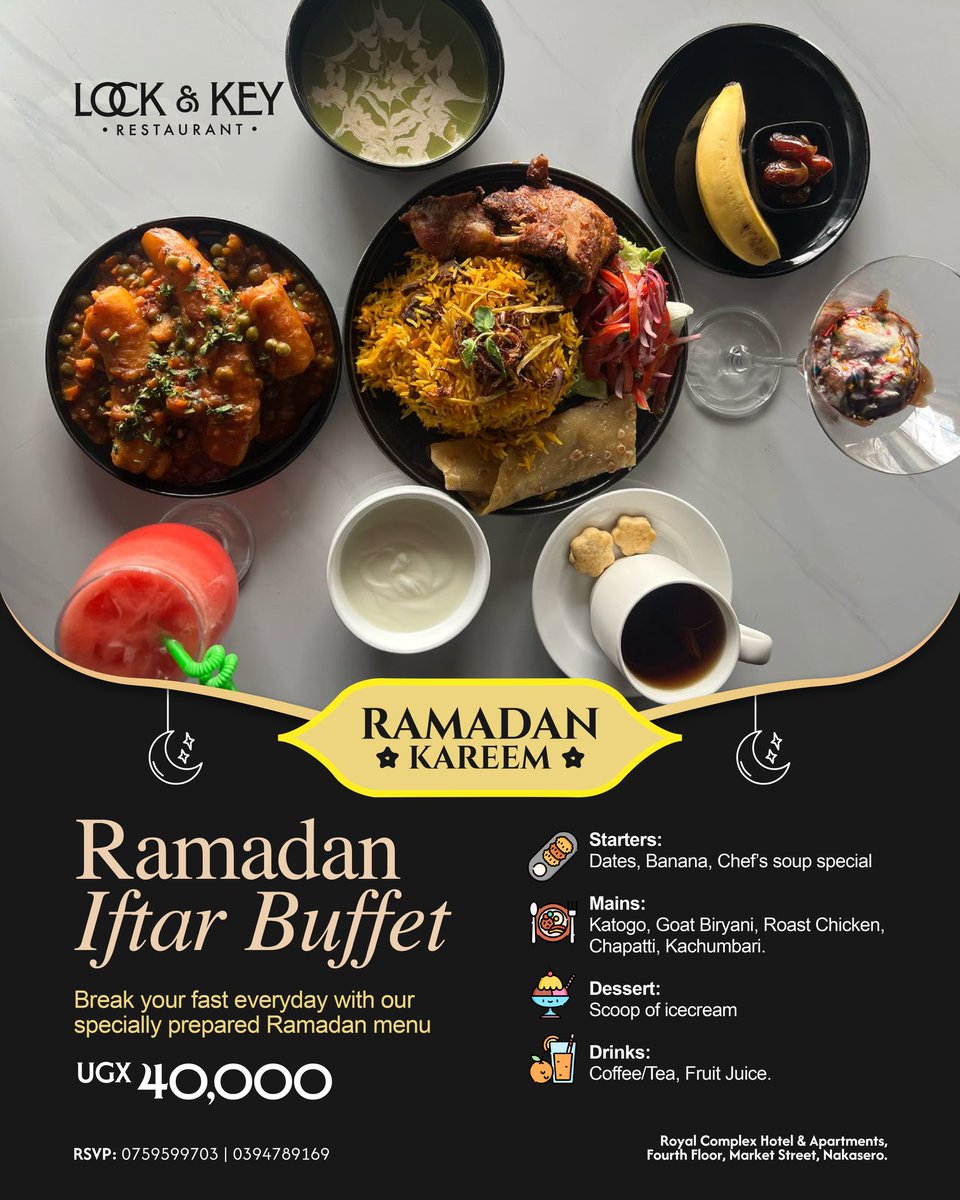 LockandKeyUG's tweet photo. Craving a diverse and satisfying Iftar?
Lock & Key Restaurant has just what you need. Our special buffet offers a wide array of dishes for only 40,000 UGX.
Book your spot today! RSVP: 0759599703
#IftarFeast #RamadanBuffet #FoodieKampala #lockandkeyug https://t.co/LUAwoSvQQy