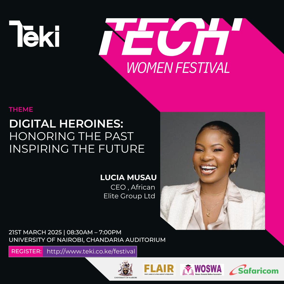 Fri 21 March will be the Tech Women Festival 2025, one of the speakers <a href="/LuciaMusau/">Lucia Musau</a> will speak on "How women can harness the power of a personal brand in a digital world"
Register now on teki.co.ke/festival
#TechWomenFest2025#WomeninDigital#DigitalHeroines#sparkmentorship#Teki