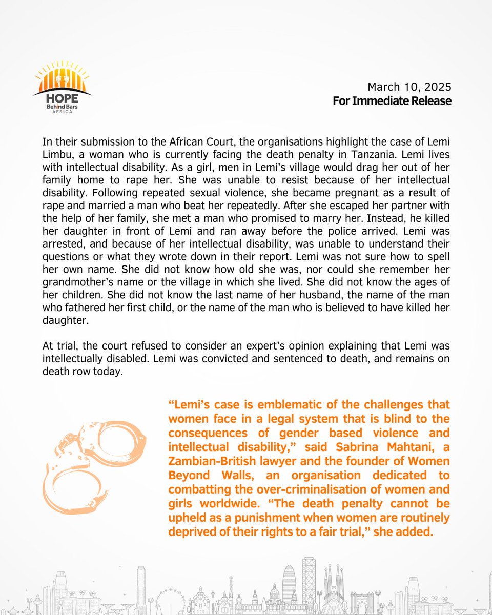 hopebehindbar's tweet photo. Consider the Plight of Women on Death Row: @hopebehindbar joins @advocaid and 23 Human Rights Organisations across Africa to urge the African Court on Human and People’s rights (@court_afchpr) to tackle cruel and inhumane treatment of incarcerated women.

Read the full statement here: https://t.co/J4OCFVabk1

#AccelerateAction
@womenbeywalls @Follow_SALC @uwechangelives @PenalReformInt @celsir_org @TheinclusionP @HakiKNCHR @ChildRightsTan1