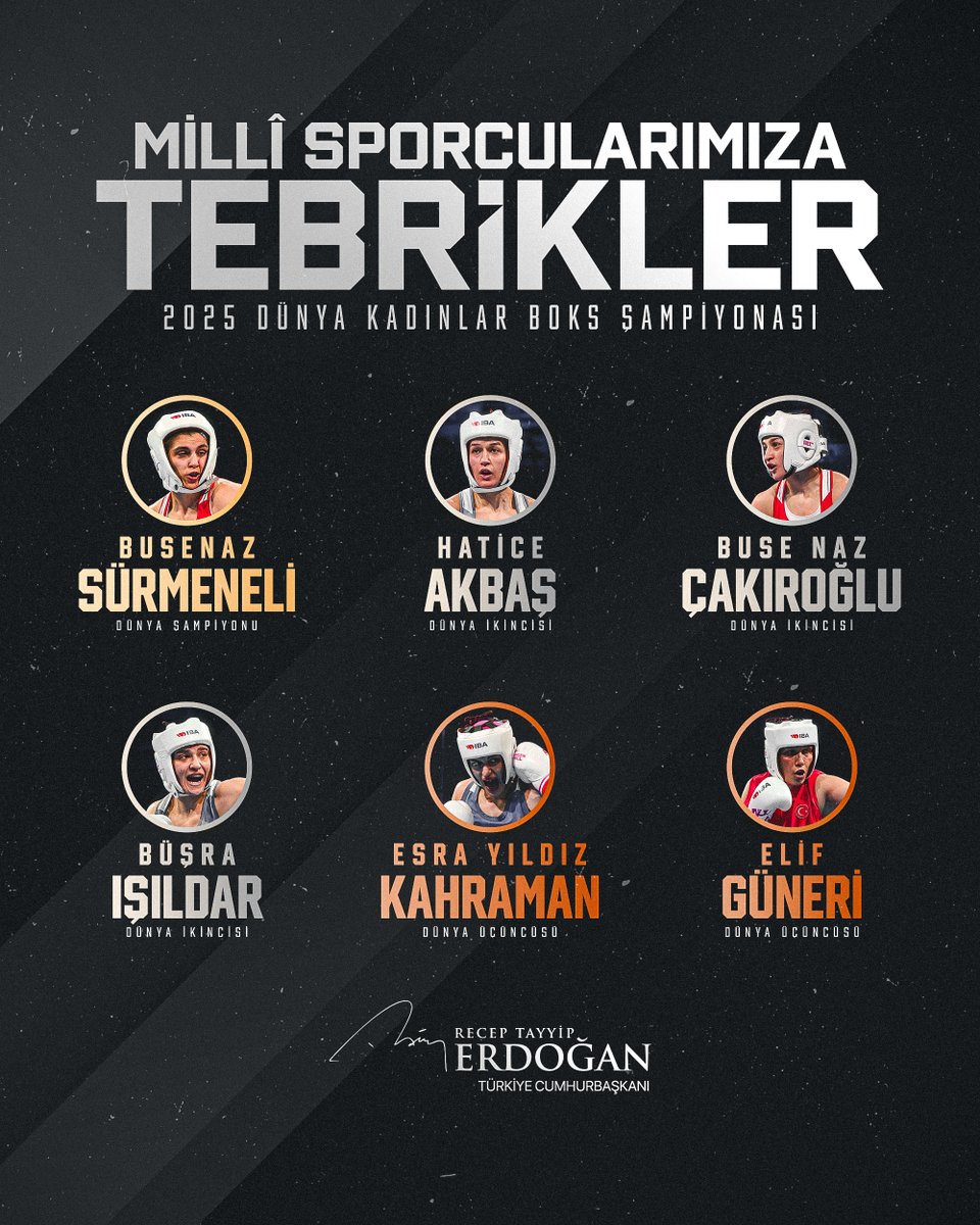 2025 Dünya Kadınlar Boks Şampiyonası’ndaki tarihî başarılarıyla ülkemizin gururu olan millî sporcularımıza emekleri için teşekkür ediyorum. 🇹🇷
