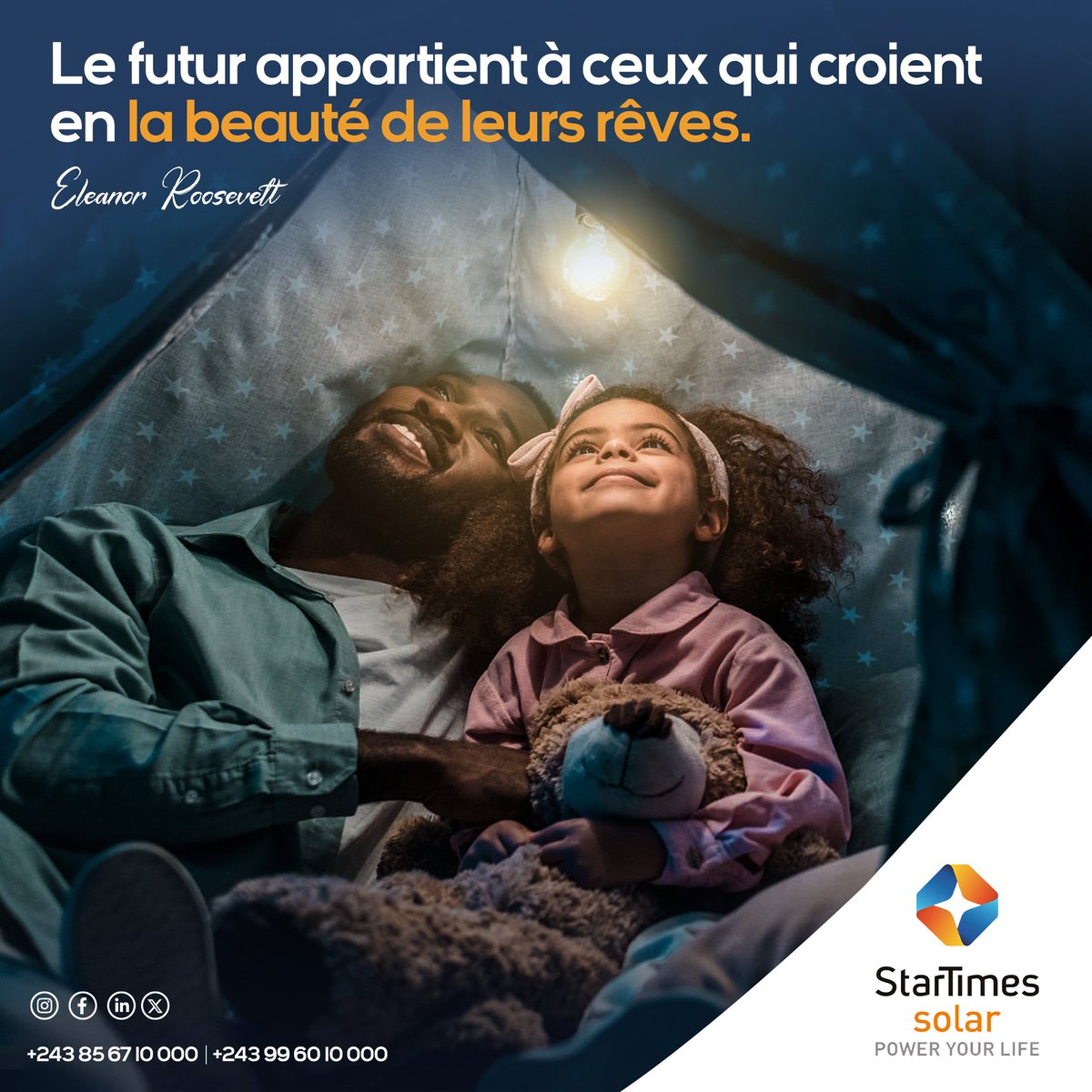 Le futur appartient à ceux qui croient en la beauté de leurs rêves. – Eleanor Roosevelt

Chez StarTimes Solar, nous croyons en un avenir éclairé par des solutions énergétiques durables et accessibles à tous. 🌞💡 Grâce à l’énergie solaire, chaque foyer peut illuminer ses rêves et