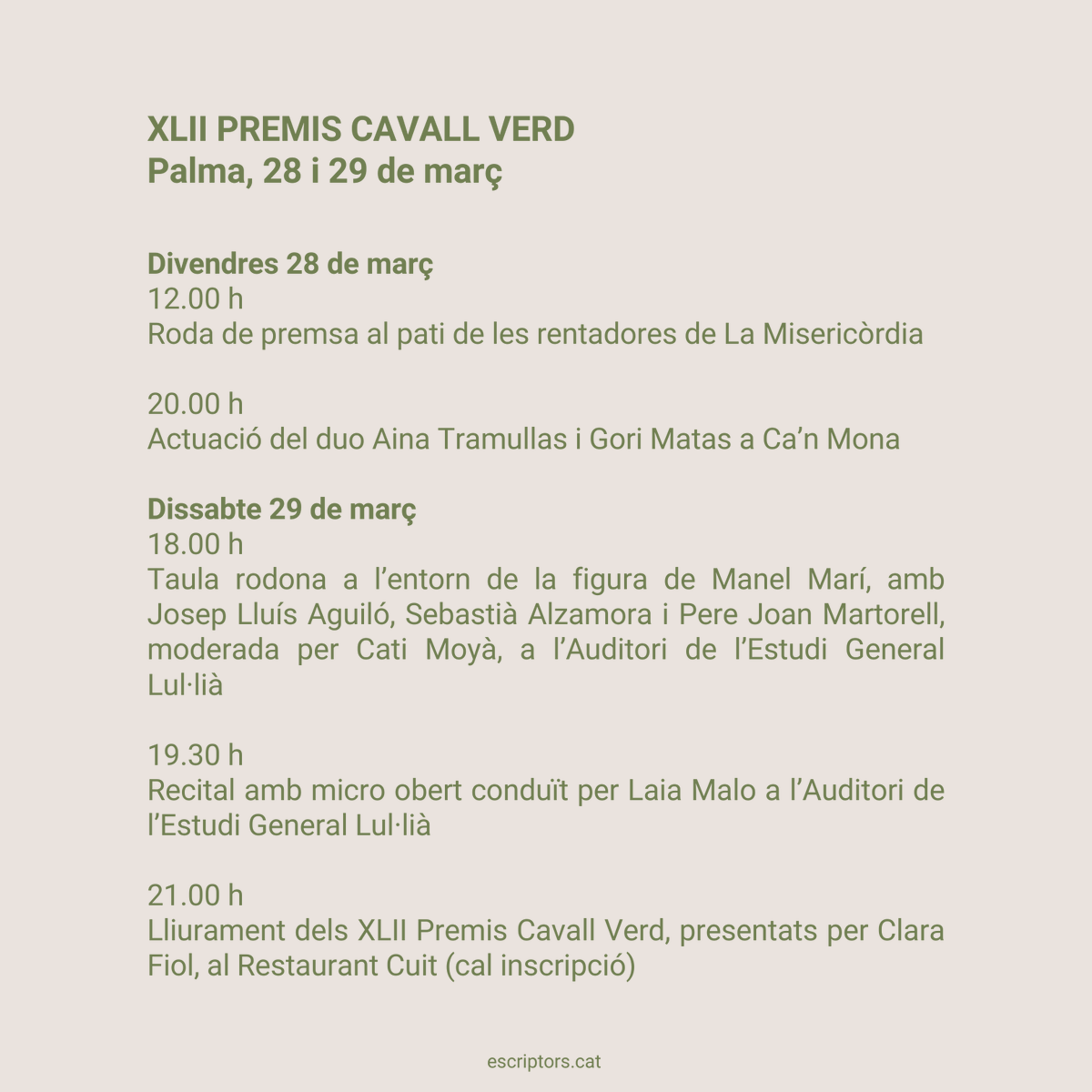 🟢 El 28 i 29 de març celebrem a Palma els XLII Premis Cavall Verd! 

Amb activitats en homenatge a Manel Marí i amb el sopar de lliurament del Premi Rafel Jaume a la millor traducció poètica i el Premi Josep M. Llompart al millor llibre de poesia.

escriptors.cat/agenda/premis-…