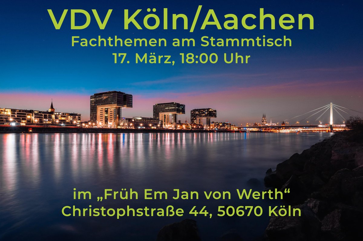 Für Kurzentschlossene im Raum Köln: Fachthemen am Stammtisch gibt es heute (17. März) um 18:00 Uhr im „Früh Em Jan von Werth“, Christophstraße 44, 50670 Köln. Gäste sind immer herzlich willkommen!
#myVDVdates