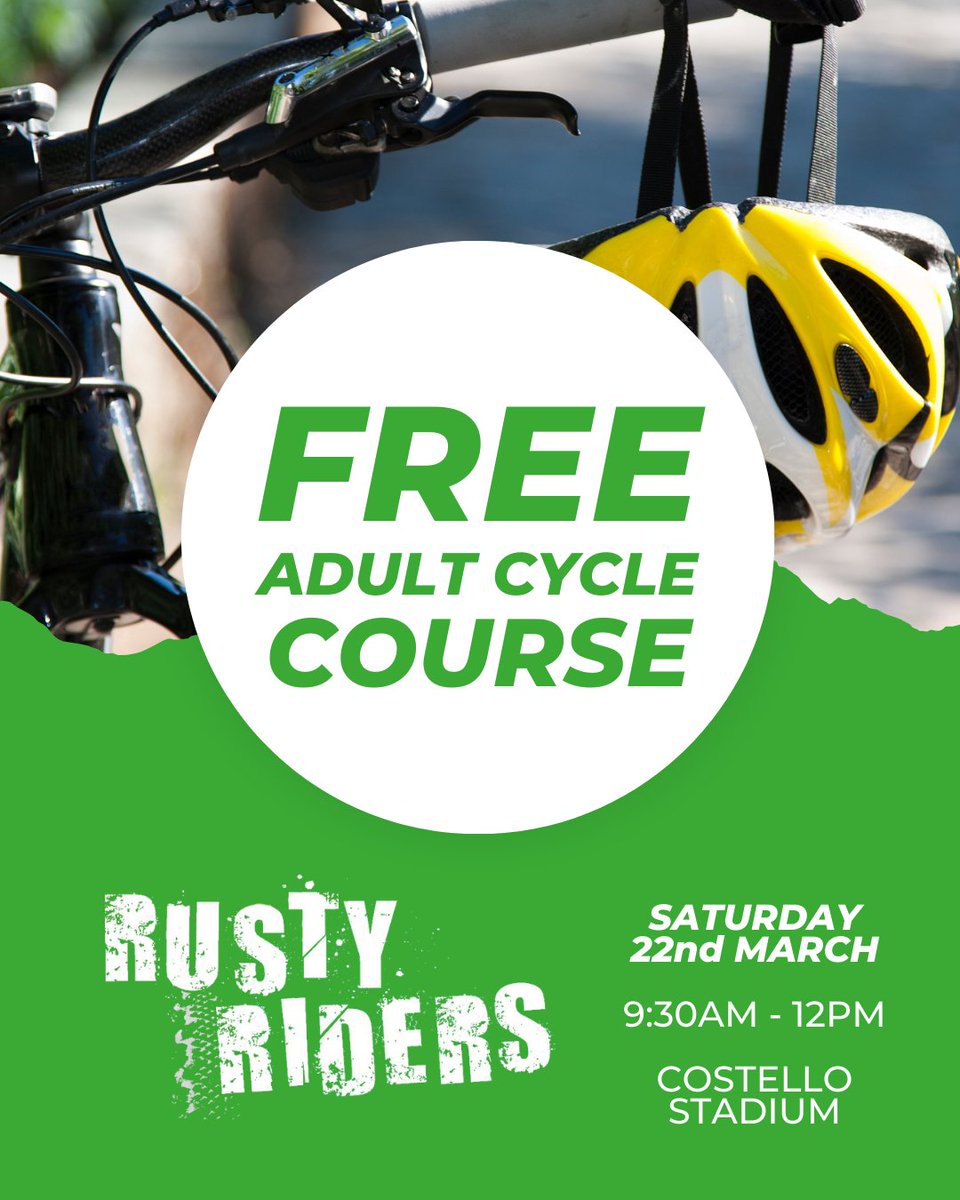 Looking to build your cycling confidence? 🚴 Join us on the 22nd of March at Costello Stadium for a FREE Rusty Riders session from 9:30am - 12pm and get back on two wheels! Click here to book: zurl.co/Wt6H4

#rustyriders #firststepcycle #activetravel