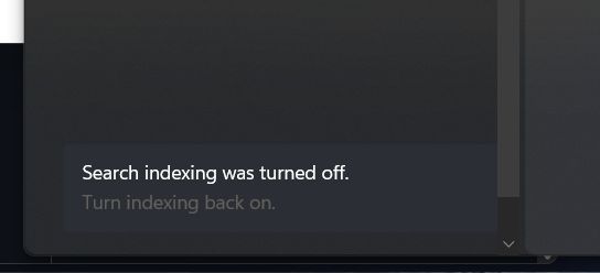 koskila's tweet image. Do you think &quot;Turn indexing back on&quot; is a link or a button? 

It&apos;s not a link.

Click as many times as you want. It&apos;ll just complain more.

The kicker?

It IS indexing. It has been, for a month, and is always halfway through.

#JustWindowsThings ❤️