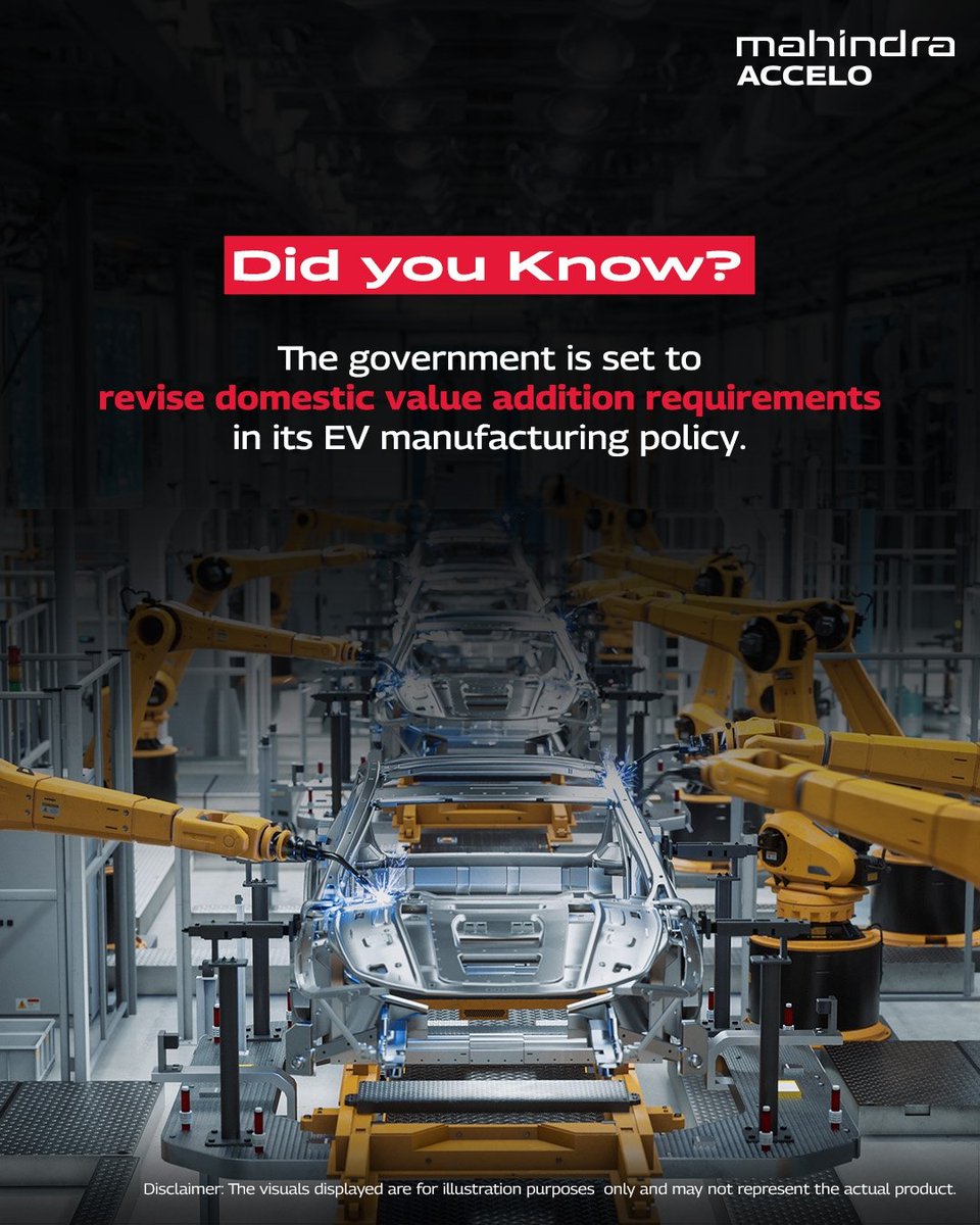 MahindraAccelo's tweet image. EV Policy Alert: The government is revising its EV manufacturing guidelines regarding domestic value addition requirements. What impact do you think this will have on India&apos;s EV adoption journey? 

Source: Autocar Professional

#MahindraAccelo #EVManufacturing #AutoComponents