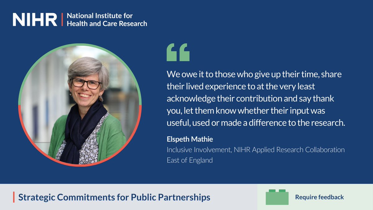 NIHR Involvement (@nihrinvolvement) on Twitter photo In response to patients and the public, we want to require those who commission, undertake and support research to provide feedback to the public and communities on their contributions.
<a href="/elspeth_mathie/">Elspeth Mathie</a> explains why this is important ⬇️ (2/6) In response to patients and the public, we want to require those who commission, undertake and support research to provide feedback to the public and communities on their contributions.
<a href="/elspeth_mathie/">Elspeth Mathie</a> explains why this is important ⬇️ (2/6)