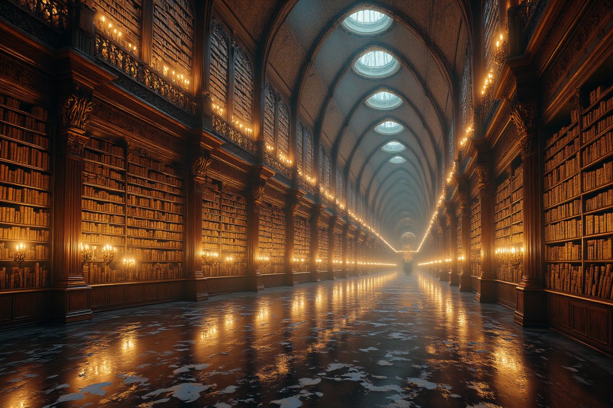PromptSin's tweet image. Step into a surreal library, where shadows dance with golden light and endless stories await. 📚✨ #Surrealism #Art #LibraryMagic