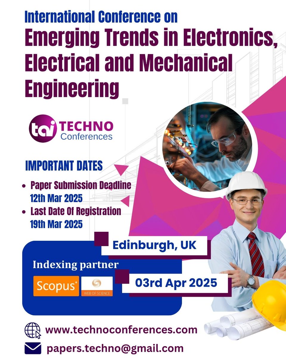 techno_conf's tweet image. Save the Date! 🚨

The International Conference on Emerging Trends in Electronics, Electrical &amp;amp; Mechanical Engineering is happening on 3rd April 2025 in Edinburgh, UK! 🔧📡

#technoconferences #electronicsconference #mechanicalengineeringconference #edinburghconference  #UK