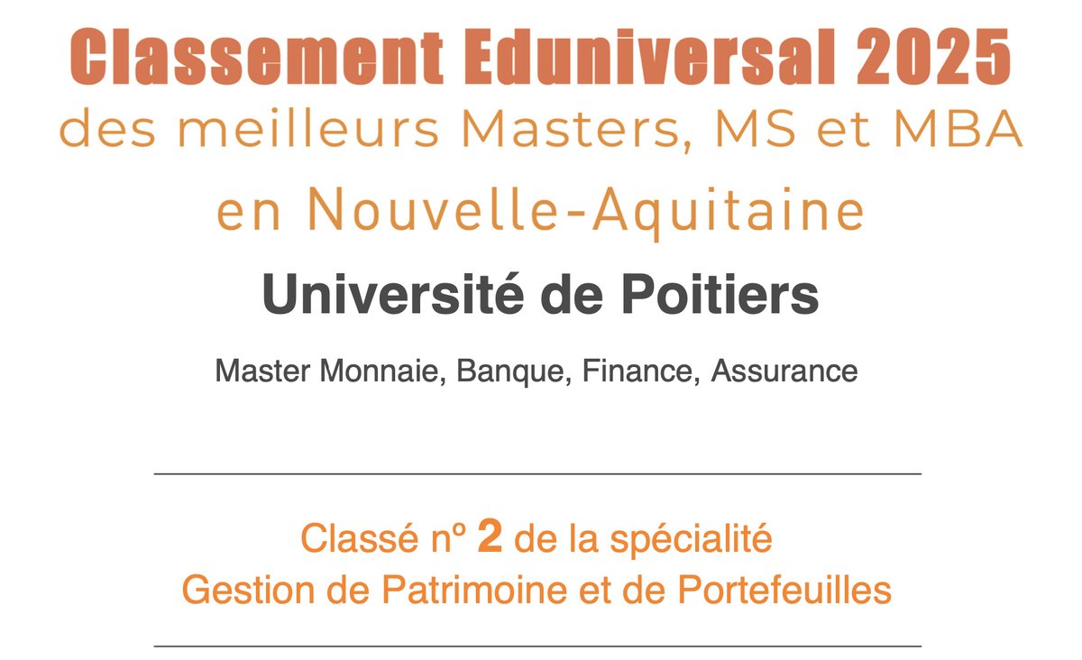 Notre master Monnaie Banque Finance Assurance est mis à l'honneur cette année encore dans le classement Eduniversal <a href="/UnivPoitiers/">Université de Poitiers</a> <a href="/monmasterinfo/">Mon Master</a> #enseignementsuperieurpublic