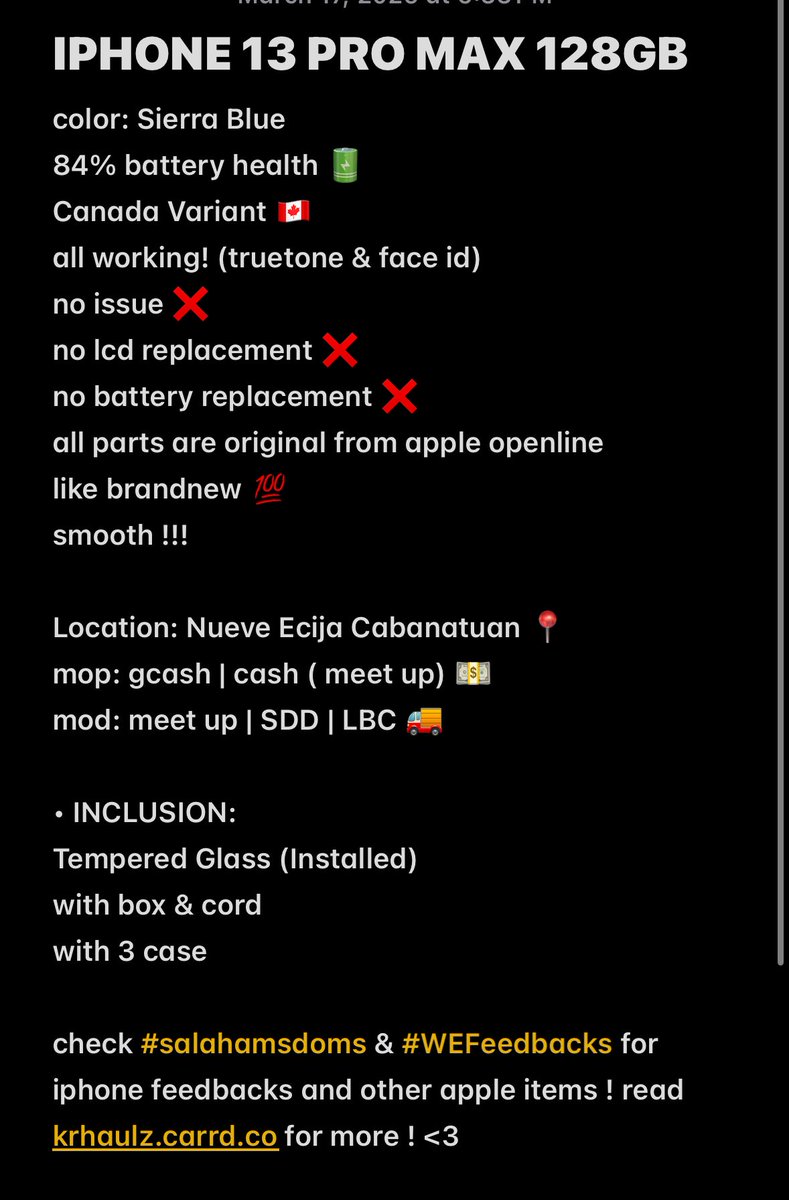 WirelessExplore's tweet photo. wts lfb ph! ˚⋆˚.🎀༘⋆🧸ིྀ

# . . . Iphone 13 Pro Max Sierra Blue [ 128 GB ]
   ˚⋆𐙚｡ 𖦹.╰┈➤ ₱32,OOO
— Onhand, Can ship &amp; Meet up.
— phone details : 1st pic ! 🍬
— Canda Variant! 🇨🇦
— 84% Battery Health

🩰 ; apple iphone 11 12 13 14 15 16 x xr https://t.co/TQg7P308EY