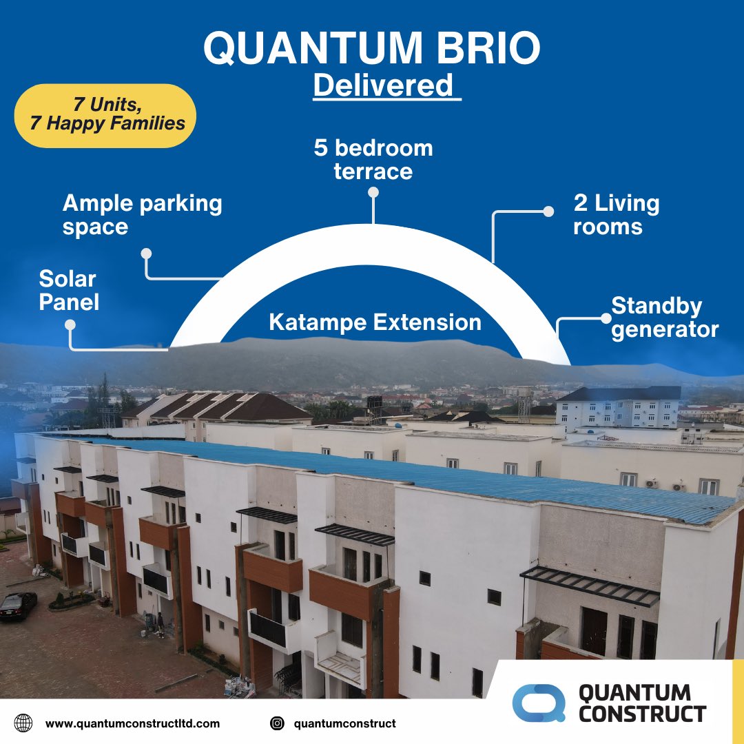 Quantum_ng's tweet photo. This is Quantum Brio, located in Jahi District, Abuja.
Brio is a 5 bedroom terrace with a well balanced design and high quality finishing. 

PROJECT DELIVERED ✅

Trust Quantum Construct we delight in Building Quality homes in Abuja Nigeria ✅

#quantumalpha #abujarealestate #abujaliving #abujahomes #abujaluxury #abujanigeria #abujadevelopers #abujaliving #abujarealestate #abujaproperties #homesabuja 
#realestate 
#construction
#tailoredrealestate 
#realestatepeopleyoucantrust