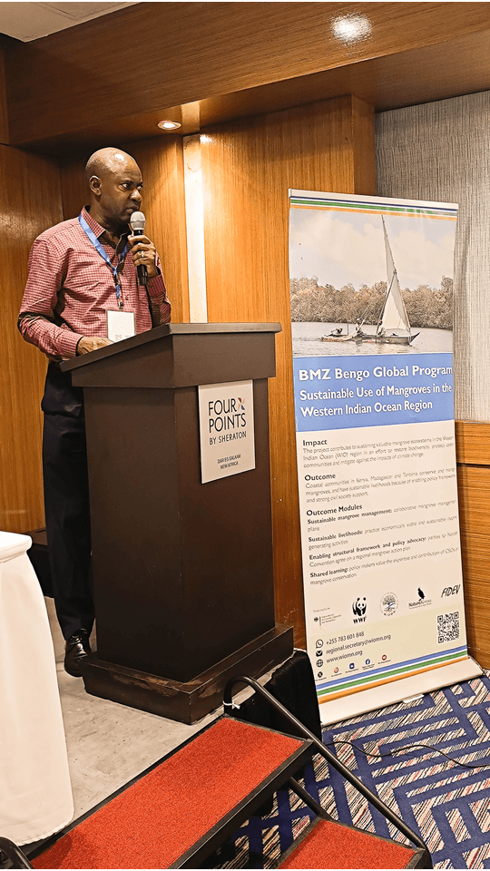 Dr. Mwita Mangora, WIOMN Regional Secretary, delivering the welcome note to participants attending the two-day Regional Policy Advisory Group meeting to validate the Regional Mangrove Action Plan in the WIO Region. The meeting is being held at Four Points by Sheraton <a href="/imsudsm/">Institute of Marine Sciences, UDSM</a>