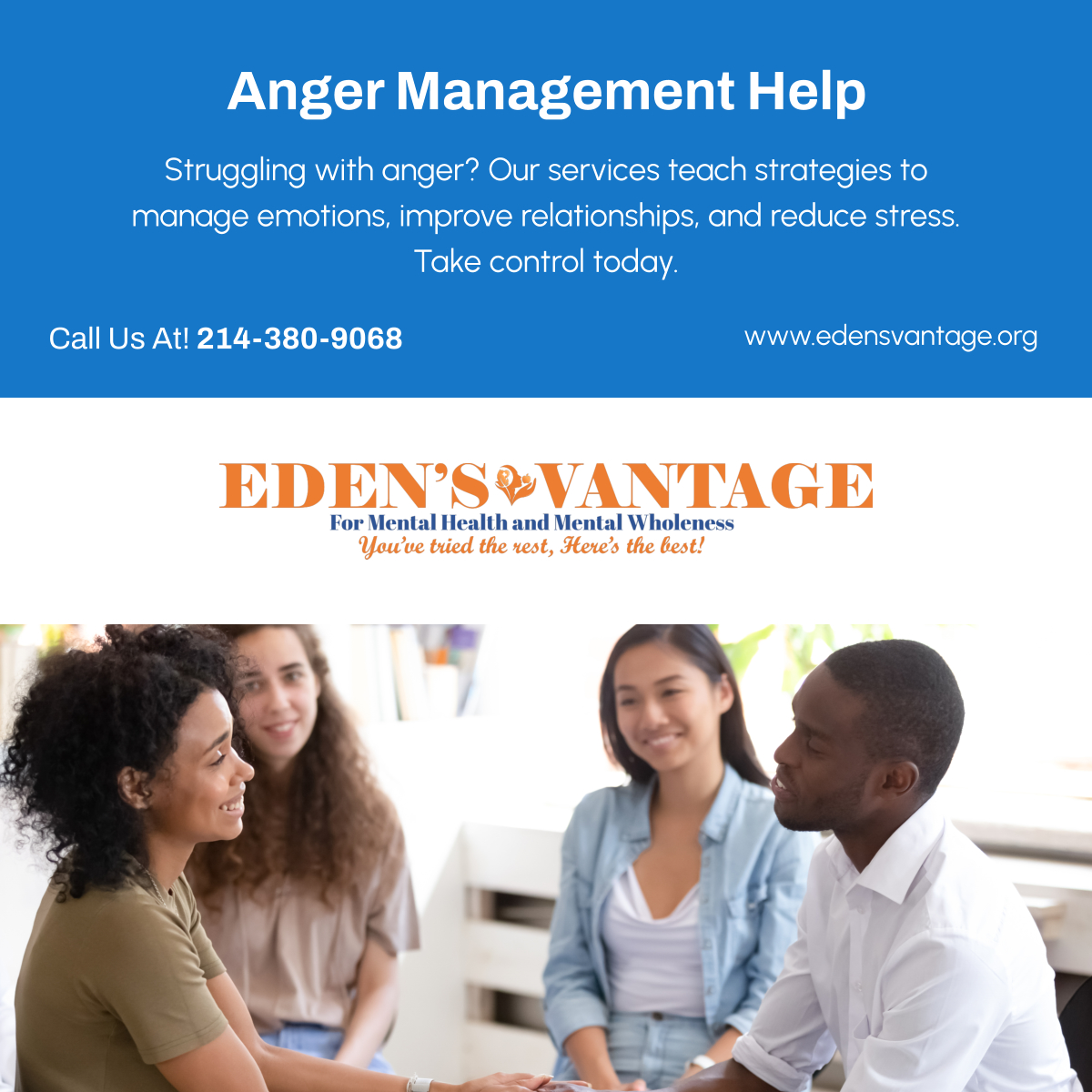 EdensVantage's tweet photo. Anger doesn’t have to control you. Learn effective strategies with Eden’s Vantage. Let us help you find balance. 

#BehavioralHealthCare #ForneyTX #AngerManagement https://t.co/RzdydFsMFP