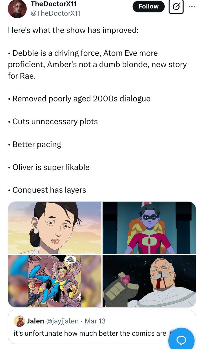 JanowskiKsawery's tweet image. How are these things not improvements? I mean seriously, do we need people talking like that?

#Invincible #INVINCIBLESeason3 #Invinciblefinale #MarkGrayson #Conquest #olivergrayson #Amber #debbiegrayson #Atomeve