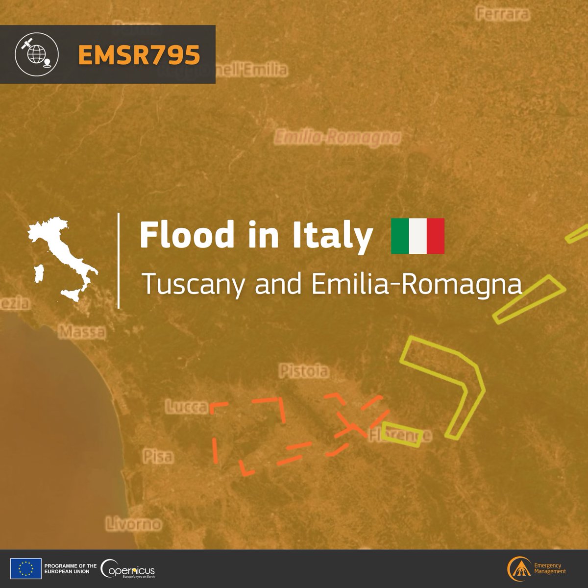 CopernicusEMS's tweet photo. 🌊 #EMSR795 – Flood in Tuscany &amp; Emilia-Romagna 🇮🇹

Severe flooding is impacting multiple cities as rivers reach critical levels. Red alerts are in place across several provinces.

Our #MappingTeam is assessing the impact in 6 areas.

🔗 More info: https://t.co/wI2vWEd3d9 https://t.co/iuPMaPtSyu