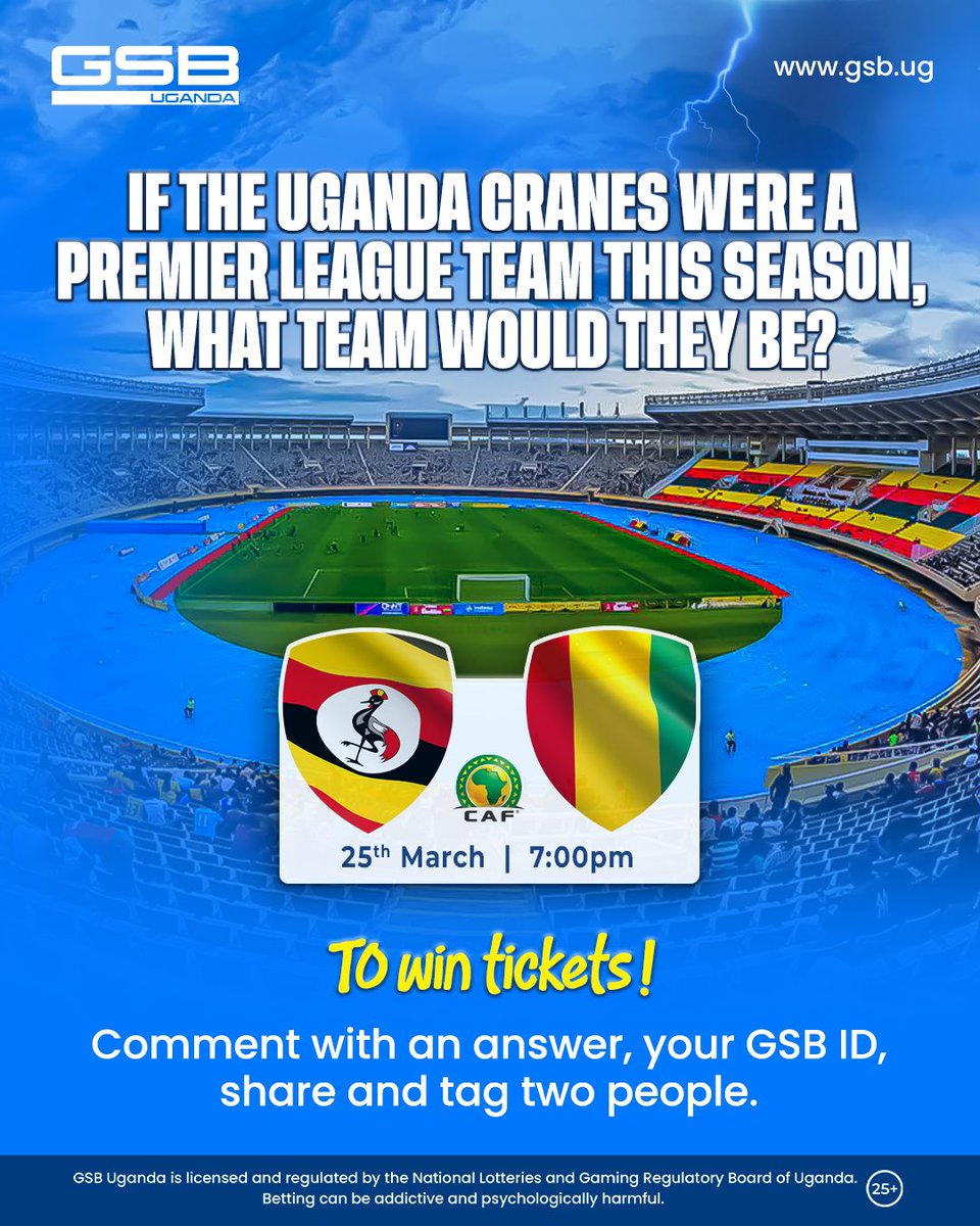 GSB_Uganda's tweet image. 𝐓𝐞𝐞𝐛𝐚 𝐓𝐞𝐞𝐛𝐚 𝐎𝐰𝐚𝐧𝐠𝐮𝐥𝐞!
🔟 lucky winners will win 🎫 tickets for the FIFA World Cup 2026 Qualifier match between 🇺🇬 @UgandaCranes and 🇬🇳 Guinea on 25.03.2025 at 🏟️ Mandela National Stadium, Namboole.
(Repost, Like, Attach your answer with a GSB Account ID &amp;amp; tag…