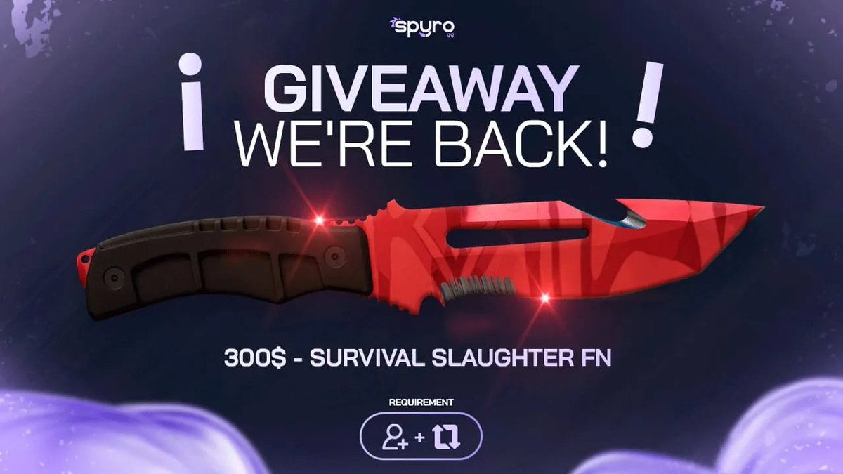 As promised. 

🩸300$ Giveaway - Survival knife slaughter (FN)

🔁Follow us, RT this post and the quoted one.

Winner in 7D

x.com/Spyrodotgg/sta…