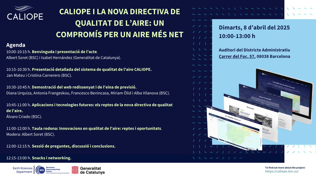 CALIOPE (@caliope_bsc) on Twitter photo 🌍💨#CALIOPE evoluciona!
Vine a la presentació de la nova fase del sistema de predicció de la #QA , inaugurada per Isabel Hernàndez <a href="/gencat/">Generalitat de Catalunya</a> i Albert Soret <a href="/BSC_CNS/">BSC-CNS</a>
📅 8 abril |📍Barcelona
🗣️ Taula rodona amb experts
🖥️ Demostració nou web
💡 Registre: form.typeform.com/to/N7rl4Z01 🌍💨#CALIOPE evoluciona!
Vine a la presentació de la nova fase del sistema de predicció de la #QA , inaugurada per Isabel Hernàndez <a href="/gencat/">Generalitat de Catalunya</a> i Albert Soret <a href="/BSC_CNS/">BSC-CNS</a>
📅 8 abril |📍Barcelona
🗣️ Taula rodona amb experts
🖥️ Demostració nou web
💡 Registre: form.typeform.com/to/N7rl4Z01
