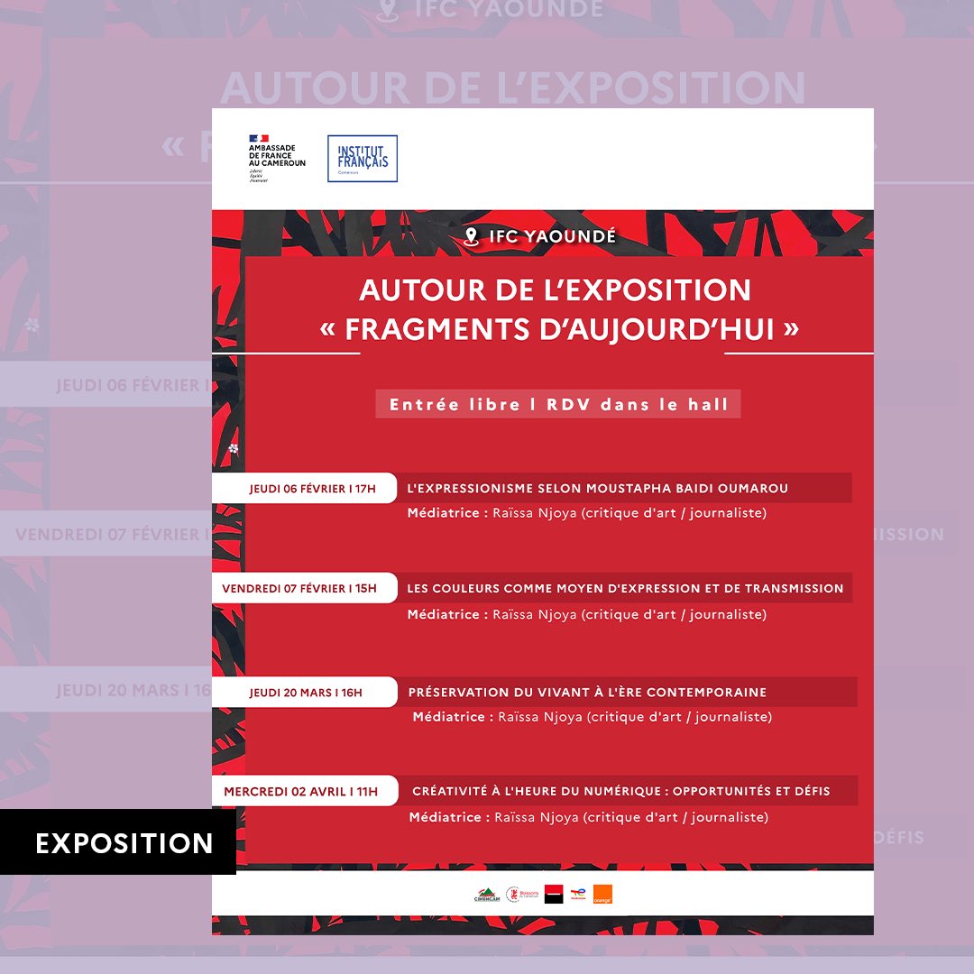 IFCameroun's tweet photo. 📆CETTE SEMAINE À L’IFC-YDE (1)

MARDI ~ 14H30
« Matinées du Lycée Fustel de Coulanges »
📍 Salle de spectacle - IFC 

MERCREDI ~ 17H
ARDC film : « Pungu Aviation »
📍 Salle de spectacle – IFC

JEUDI ~ 16H
Médiation autour “fragments d’aujourd’hui”
📍 Salle d’exposition – IFC https://t.co/FPRlUx3Z8E