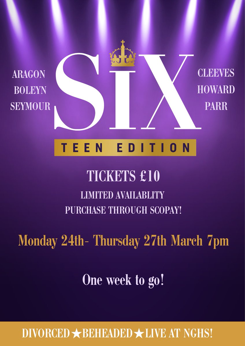 LAST FEW TICKET REMAINING FOR ‘SIX’ THE MUSICAL!
We have a very limited number of tickets available for our Tuesday 25th, Wednesday 26th and Thursday 27th March performances
Don’t miss out on this year’s fantastic production – Tickets exclusively available via SCOPAY
