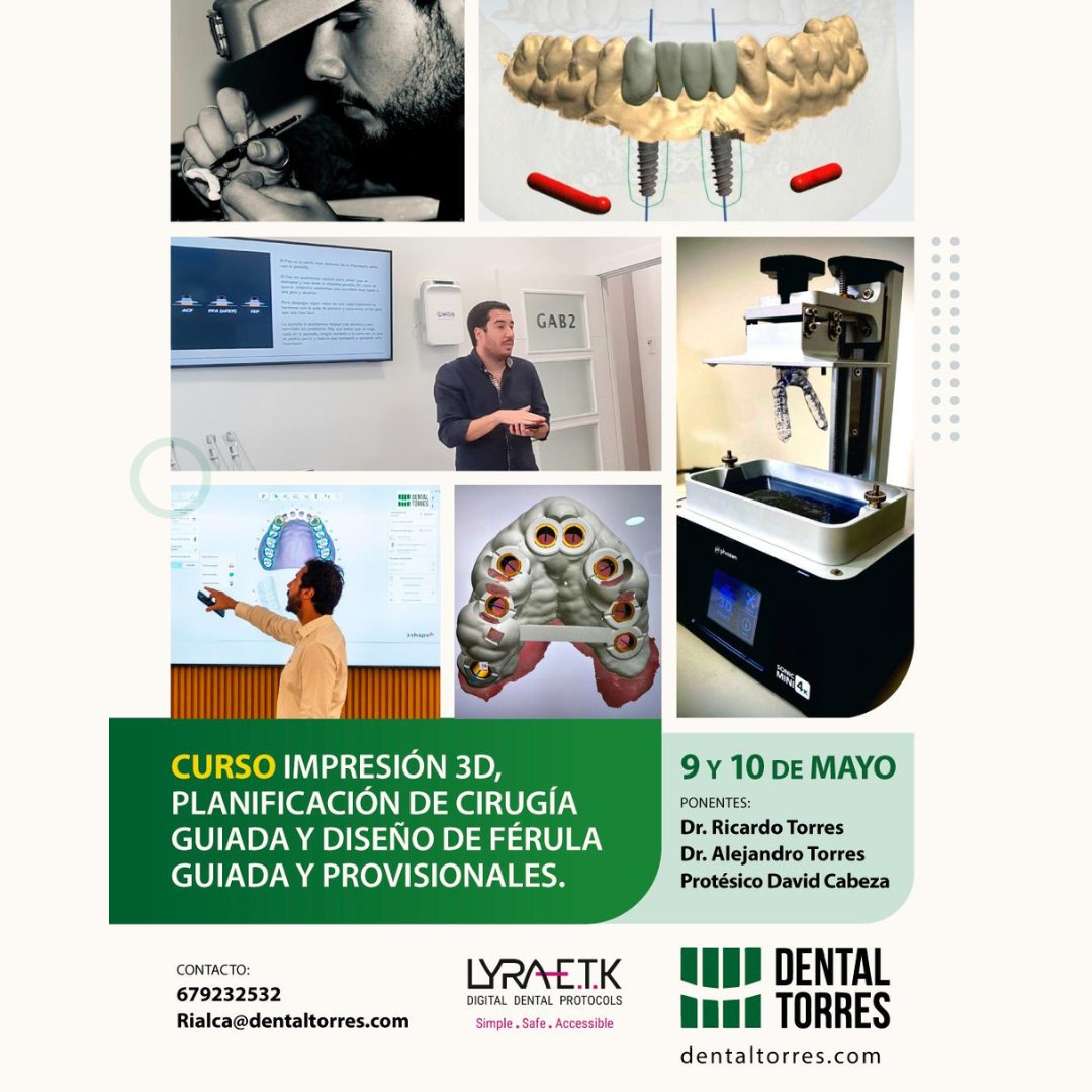 LYRA ETK Iberia (@etklyra) on Twitter photo ¡𝗙𝗢𝗥𝗠𝗔𝗖𝗜Ó𝗡 𝗘𝗫𝗖𝗟𝗨𝗦𝗜𝗩𝗔 𝗘𝗡 𝗜𝗠𝗣𝗥𝗘𝗦𝗜Ó𝗡 𝟯𝗗 𝗬 𝗖𝗜𝗥𝗨𝗚Í𝗔 𝗚𝗨𝗜𝗔𝗗𝗔!
📅𝟵 𝘆 𝟭𝟬 𝗱𝗲 𝗺𝗮𝘆𝗼
👨⚕️ Impartido por:
- Dr. Ricardo Torres
- Dr. Alejandro Torres
- Sr. David Cabeza
📩 Más información: rialca@dentaltorres.com / 𝟲𝟳𝟵 𝟮𝟯𝟮 𝟱𝟯𝟮 ¡𝗙𝗢𝗥𝗠𝗔𝗖𝗜Ó𝗡 𝗘𝗫𝗖𝗟𝗨𝗦𝗜𝗩𝗔 𝗘𝗡 𝗜𝗠𝗣𝗥𝗘𝗦𝗜Ó𝗡 𝟯𝗗 𝗬 𝗖𝗜𝗥𝗨𝗚Í𝗔 𝗚𝗨𝗜𝗔𝗗𝗔!
📅𝟵 𝘆 𝟭𝟬 𝗱𝗲 𝗺𝗮𝘆𝗼
👨⚕️ Impartido por:
- Dr. Ricardo Torres
- Dr. Alejandro Torres
- Sr. David Cabeza
📩 Más información: rialca@dentaltorres.com / 𝟲𝟳𝟵 𝟮𝟯𝟮 𝟱𝟯𝟮