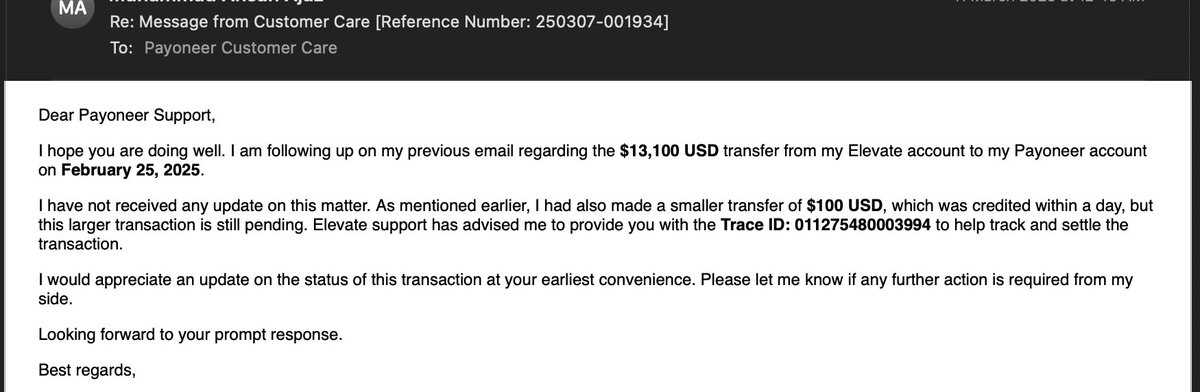 cryptic0x1's tweet photo. @Payoneer @Payoneer_Help Your support is nonexistent! My $13,100 USD transfer has been stuck for 20 days, and despite constant follow-ups, I get no response. Do you even care about your customers? 
#PayoneerFail #WhereIsMyMoney #TerribleService https://t.co/Hh0i37KZnz
