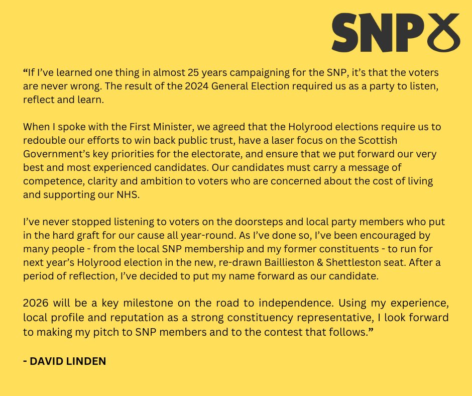 The National Secretary has today opened the SNP nomination process to select candidates for 2026. This morning, I wrote to my local constituency party Chair to indicate my intention to seek the SNP nomination for Glasgow Baillieston &amp; Shettleston constituency.