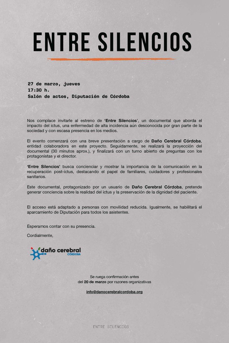 ACODACE-Daño Cerebral Córdoba (@acodace) on Twitter photo ¡Os esperamos!
• 27 de marzo, jueves
• 17:30 h
• Salón de Actos, Diputación de Córdoba
Entrada GRATUITA, HABILITADO PARKING DE DIPUTACIÓN PARA ASISTENTES, por cuestiones organizativas confirmar asistencia: 691 749 102 // info@danocerebralcordoba.org ¡Os esperamos!
• 27 de marzo, jueves
• 17:30 h
• Salón de Actos, Diputación de Córdoba
Entrada GRATUITA, HABILITADO PARKING DE DIPUTACIÓN PARA ASISTENTES, por cuestiones organizativas confirmar asistencia: 691 749 102 // info@danocerebralcordoba.org