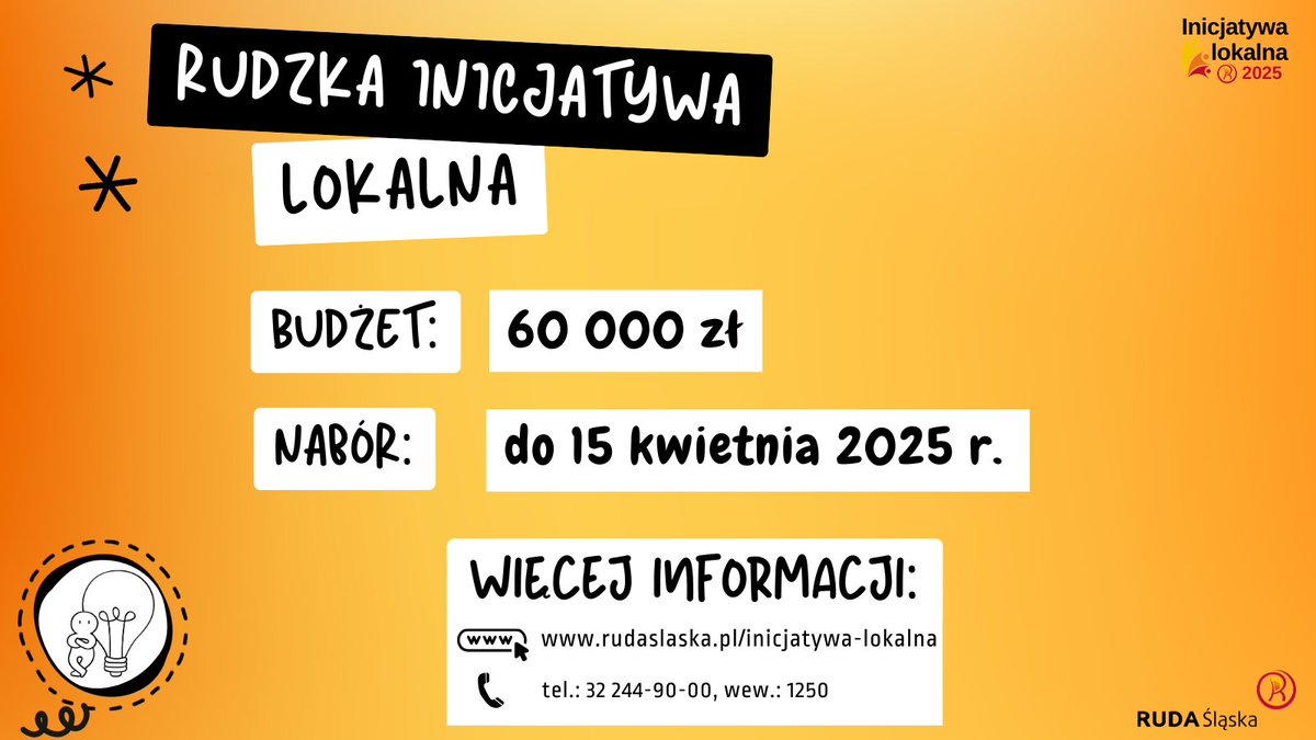 Mieszkasz w #RudaŚląska i masz pomysł, który chciałbyś/chciałabyś zrealizować dla swojej społeczności? Świetnie się składa! Rusza kolejna edycja Rudzkiej Inicjatywy Lokalnej! Do rozdysponowania jest  60 000 zł! 
➡️tinyurl.com/2rem77mh