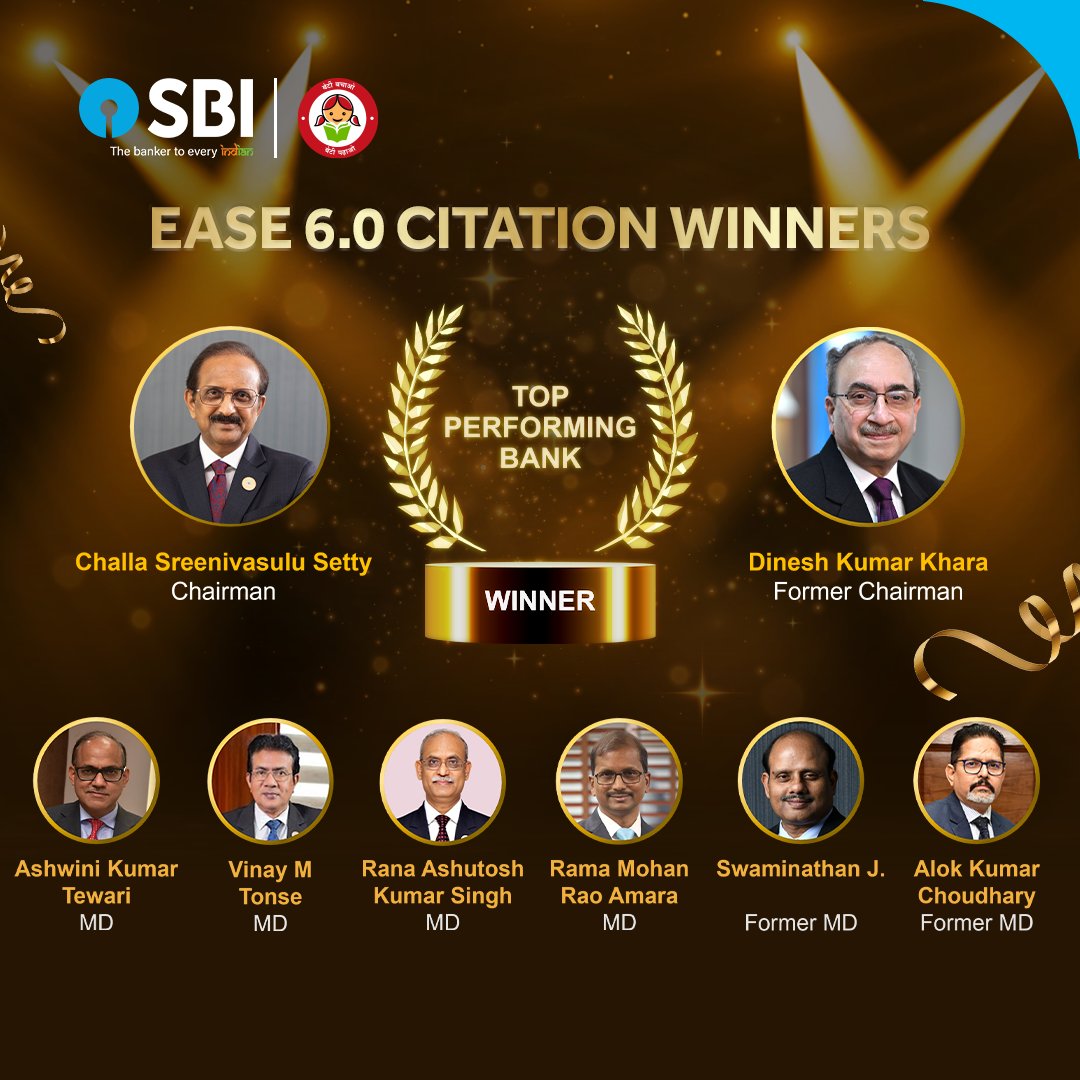 TheOfficialSBI's tweet photo. Banking Excellence: Honoured as a Top Performing Bank at the EASE 6.0 Citation Awards!

A proud moment for SBI as we continue to set benchmarks with our unwavering commitment to innovation and excellence in banking.

Heartfelt gratitude to our valued customers, dedicated employees and other stakeholders for their continued trust and support.

#SBI #TheBankerToEveryIndian #CitationAwards #EASE

@PMOIndia @FinMinIndia @DFS_India @PIB_India
