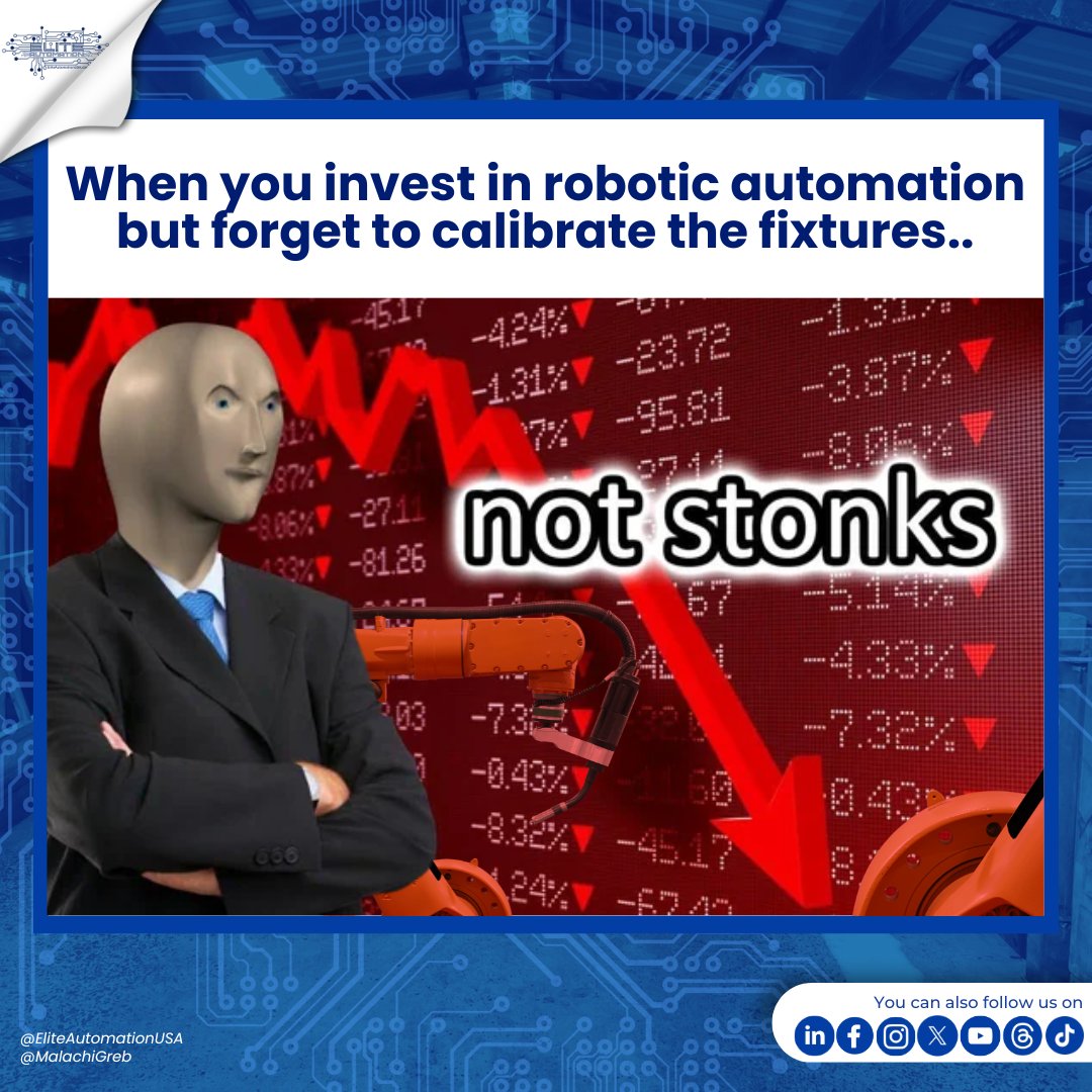 MalachiGreb's tweet image. When you pour time and money into advanced robotic automation but forget to calibrate the fixtures… #MemeMonday 📉

Follow us for more! 

#AutomationFails #NotStonks #ManufacturingMemes #Robotics #SmartAutomation