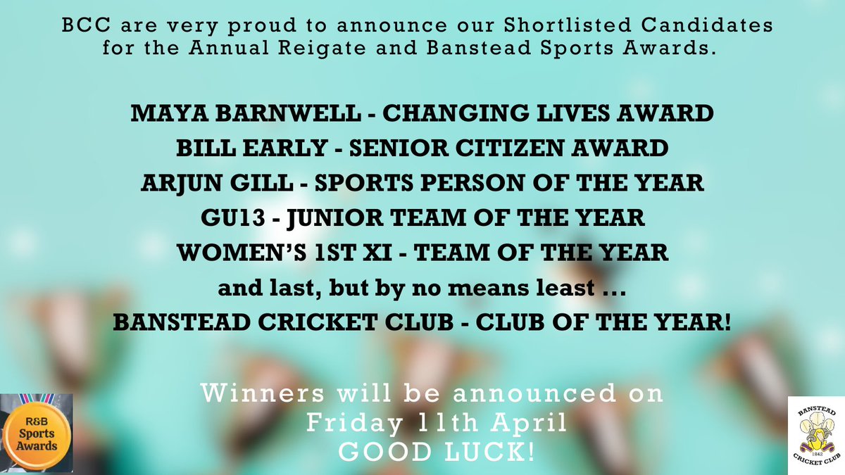 Banstead CC π (@banstead_cc) on Twitter photo Congratulations to all the nominees and shortlisted candidates for the Reigate and Banstead Sports Awards.
Winners are announced on 11th April - Good Luck!
π€π
<a href="/reigatebanstead/">Reigate & Banstead Borough Council</a> Congratulations to all the nominees and shortlisted candidates for the Reigate and Banstead Sports Awards.
Winners are announced on 11th April - Good Luck!
π€π
<a href="/reigatebanstead/">Reigate & Banstead Borough Council</a>