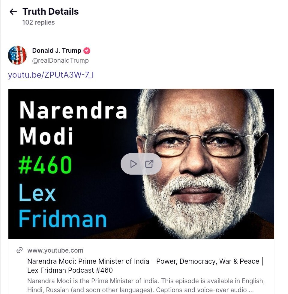 TheBharatPost_'s tweet image. USA President #Trump  has shared PM Modi&apos;s podcast on his Truth Social handle...😳🔥

#PMModiPodcast #PMModiOnLexFridman