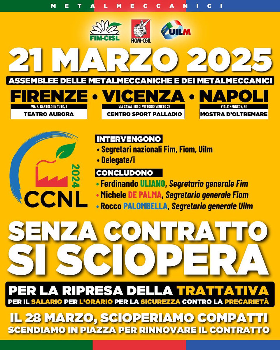 UilmNazionale's tweet image. Senza contratto si sciopera! 🟢🔴🔵

Venerdì prossimo si svolgeranno tre grandi Assemblee unitarie a Firenze, Vicenza e Napoli. 

Il Segretario generale della Uilm, @RoccoPalombella, concluderà l'Assemblea a Napoli presso la Mostra D'Oltremare in viale Kennedy 54 👷👷‍♀️