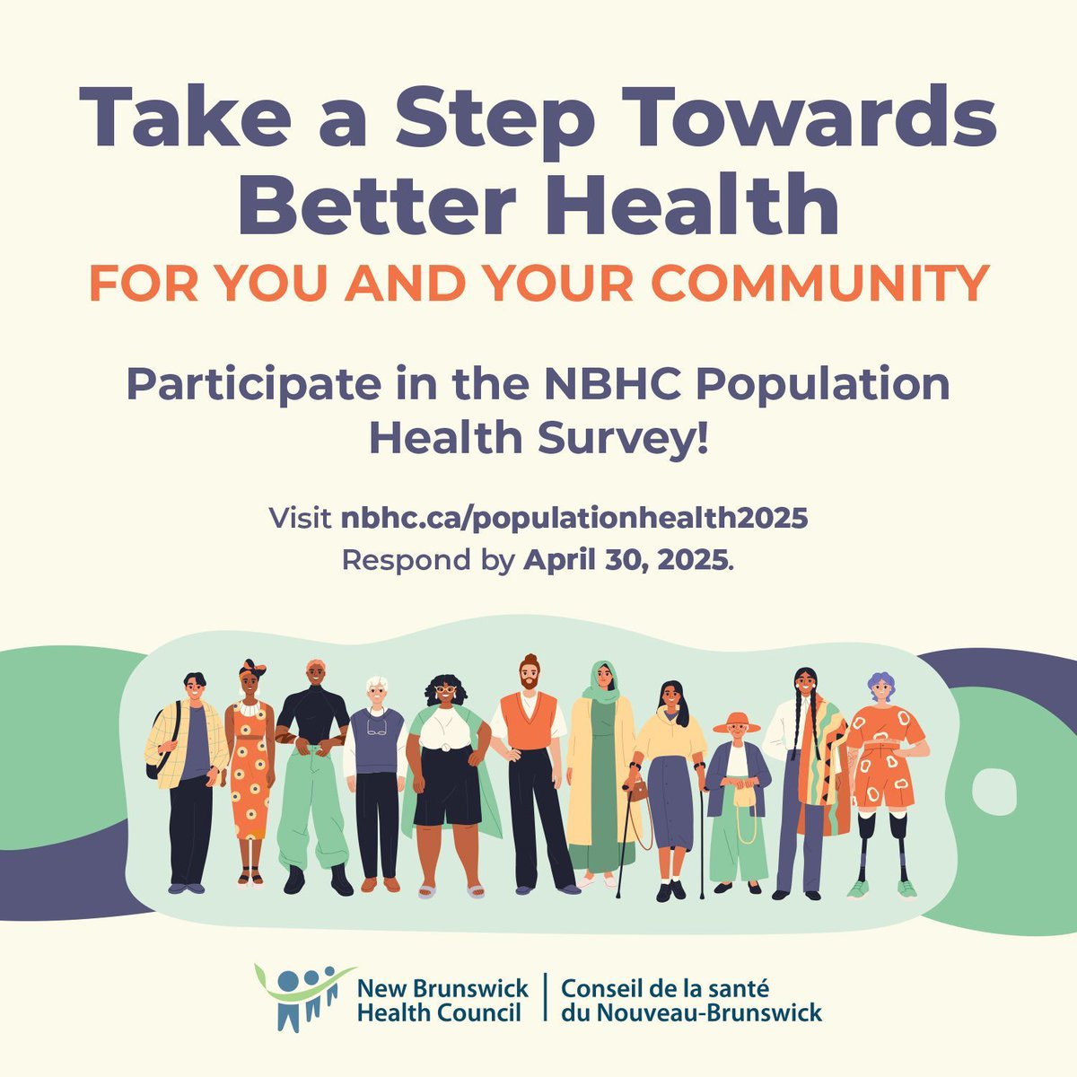 NBHealthCouncil's tweet photo. The NBHC Population Health Survey is NOW OPEN! We want to hear from every New Brunswicker aged 18+. Your insights are essential to understanding the health of our communities! Have your say! Participate now: https://t.co/3SZioQcaIu

#NBHealthSurvey, #YourVoiceMatters, #PopulationHealthNB