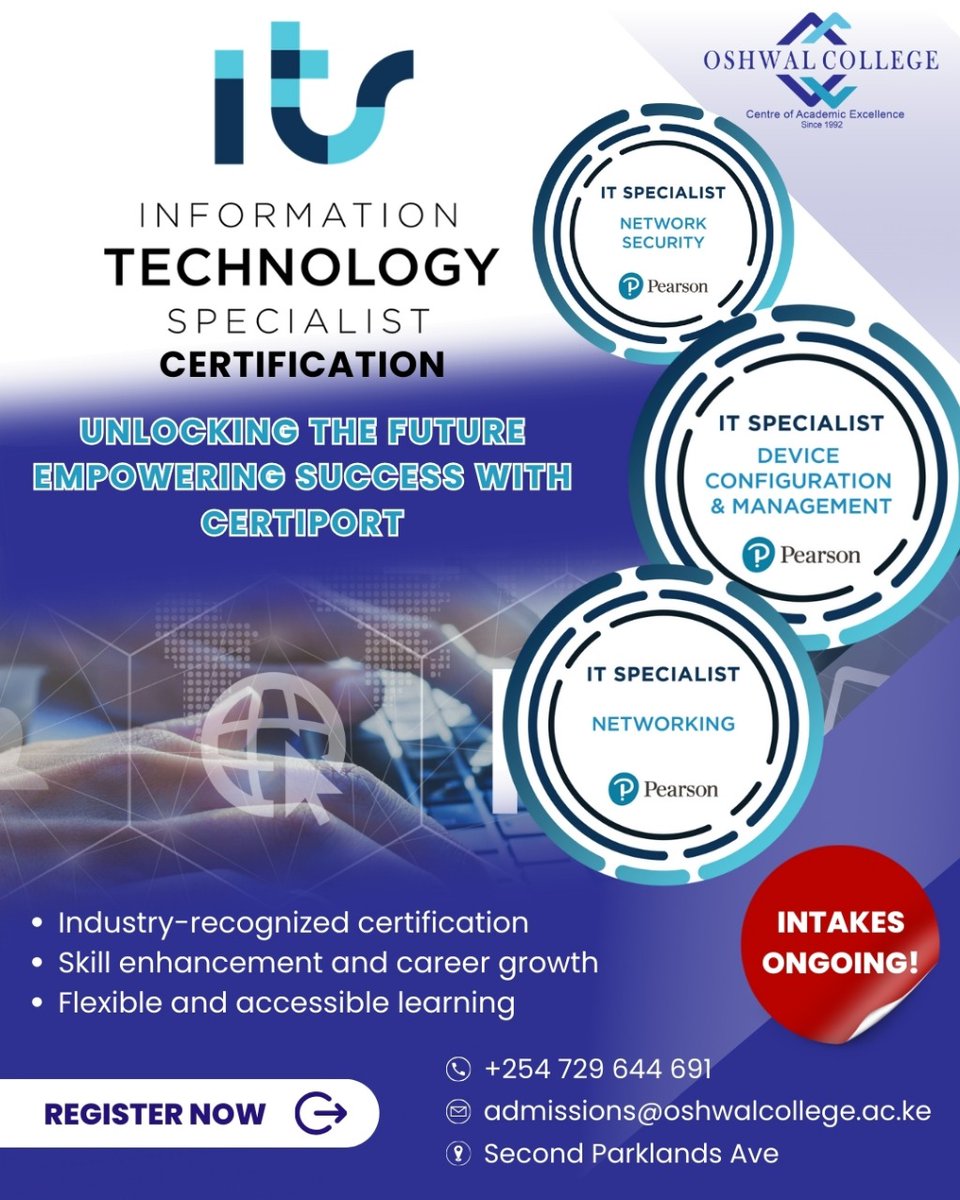 Oshwal College (@oshwalcollegeke) on Twitter photo Boost your IT career with Oshwal College’s ITS Course! Gain skills in Device Management, Network Security & Networking.
📩 admissions@oshwalcollege.ac.ke | 📞 0729 644 691
#ITSpecialist #TechCareer #Networking #CyberSecurity #TechEducation #OshwalCollege #ITCertification Boost your IT career with Oshwal College’s ITS Course! Gain skills in Device Management, Network Security & Networking.
📩 admissions@oshwalcollege.ac.ke | 📞 0729 644 691
#ITSpecialist #TechCareer #Networking #CyberSecurity #TechEducation #OshwalCollege #ITCertification
