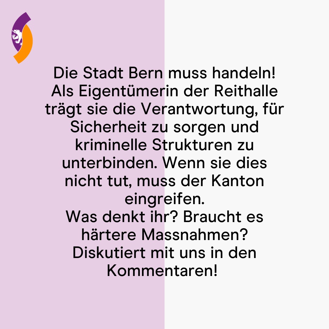 📢 Gewalt bei der Berner Reithalle stoppen! 🚨

Der Regierungsrat unterstützt den Vorstoss, der endlich wirksame Massnahmen fordert, um Kriminalität und Gewalt in diesem Bereich zu bekämpfen.

#SicherheitFürBern #GewaltStoppen #Reithalle
#DieJungeMitteBern