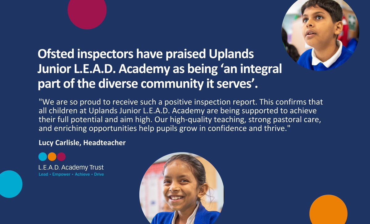 L.E.A.D. Academy Trust (@leadacadtrust) on Twitter photo Ofsted has praised <a href="/uplandsleadacad/">Uplands Junior</a> as ‘an integral part of the diverse community it serves.’ The report highlights high-quality teaching, strong pastoral care and an ambitious curriculum. Well done to staff and pupils. 👏
Read more: leadacademytrust.co.uk/news/pupils-li… Ofsted has praised <a href="/uplandsleadacad/">Uplands Junior</a> as ‘an integral part of the diverse community it serves.’ The report highlights high-quality teaching, strong pastoral care and an ambitious curriculum. Well done to staff and pupils. 👏
Read more: leadacademytrust.co.uk/news/pupils-li…