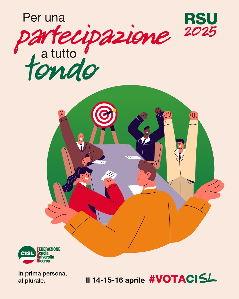 cislscuola's tweet photo. #Partecipare vuol dire esercitare una #cittadinanza piena, praticare il #dialogo e il #confronto democratico per promuovere il #benessere di tutta la comunità.
La #scuola vive di partecipazione, di #relazioni interne ed esterne, del protagonismo di chi sa “fare insieme” e ogni giorno si impegna concretamente nella #condivisione di #obiettivi e #strumenti. In questo modo si fa davvero “#comunitàeducante”.
Abbiamo un'idea chiara per la scuola di oggi e del futuro.
Alle prossime elezioni #RSU, vota le liste della Federazione CISL Scuola, Università, Ricerca.
🟢 Per una scuola a tutto tondo.
Il 14-15-16 aprile #VotaCIsl
#CislScuola #RSU #RSU2025 #elezioniRSU