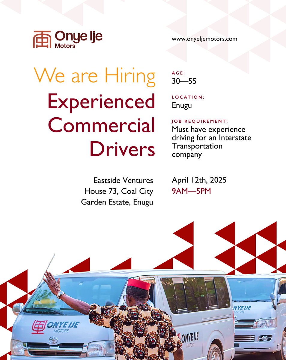 eastsideventurs's tweet photo. Onye Ije Motors

We are hiring Experienced commercial Drivers.

Age 30-55

Location Enugu.

Job Requirement: Must have experience driving for an Interstate Transportation company https://t.co/rc7CBjPbVS