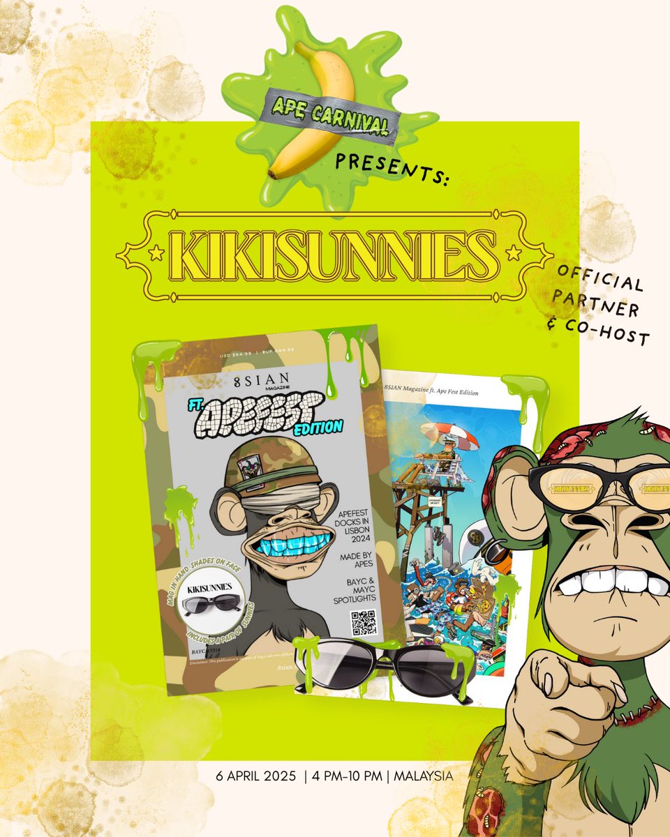 We’re turning up the heat with @kikisunnies, main partner for Ape Carnival! 

Reissuing of Apefest 8sian Magazine in Asia (each copy comes with Kiki Sunnies! 😎

6 April, 4-10PM @ KL, Malaysia

RSVP: lu.ma/g3fbl1fj