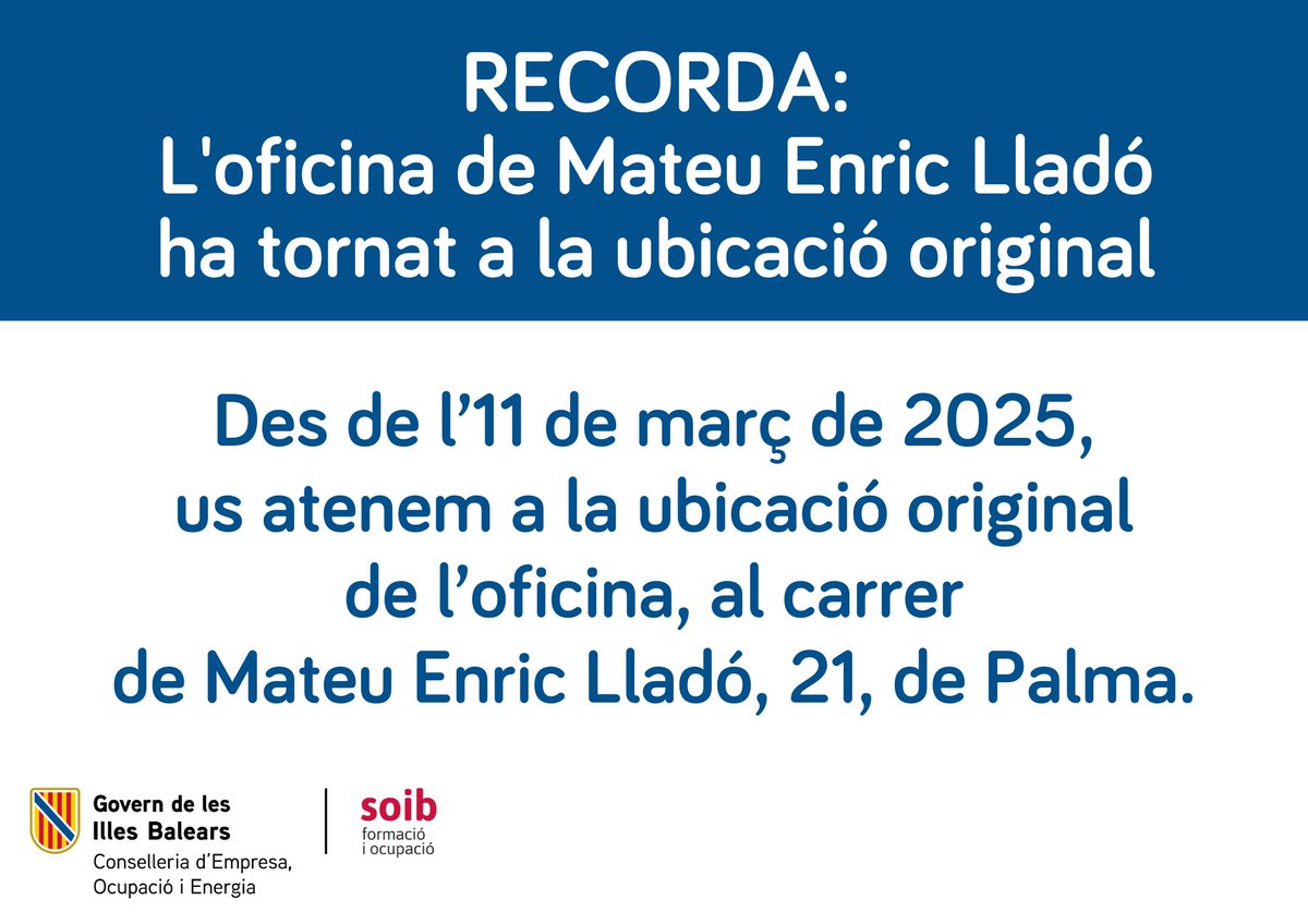 📢L’oficina de Mateu Enric Lladó ha tornat a la ubicació original, una vegada acabades les obres de reforma.
📌Des de l'11 de març de 2025, us atenem novament al carrer de Mateu Enric Lladó, 21, de Palma.