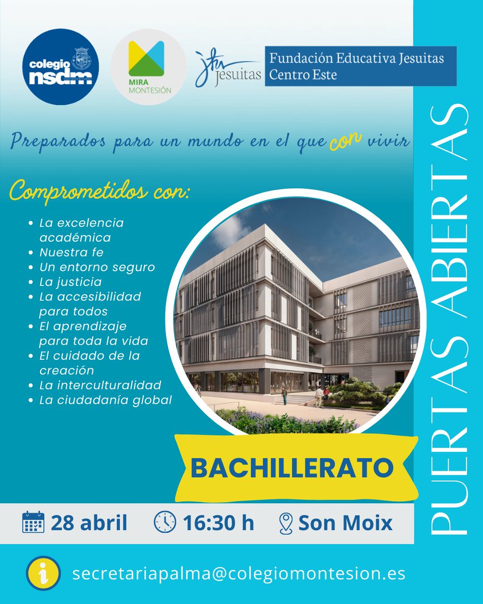 ✨JORNADA DE PORTES OBERTES
#BACMontesión

🌈Preparats per un món on CONviure!

➡️28 d'abril, a les 16:30 h, a la seu de Son Moix.

Vine a conèixer els nous reptes per al pròxim curs.
#EducaciónJesuitas
#ADNJesuitas
@escolacatolicailles
