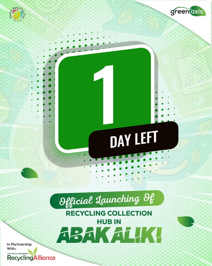 It's 1 day to the official opening of the recycling collection centre and celebration of the Global Recycling Day.

What impact are you ready to make???

#recycleabakaliki #WasteToWealth #globalrecyclingday♻️ #greenaxisng #fbralliance