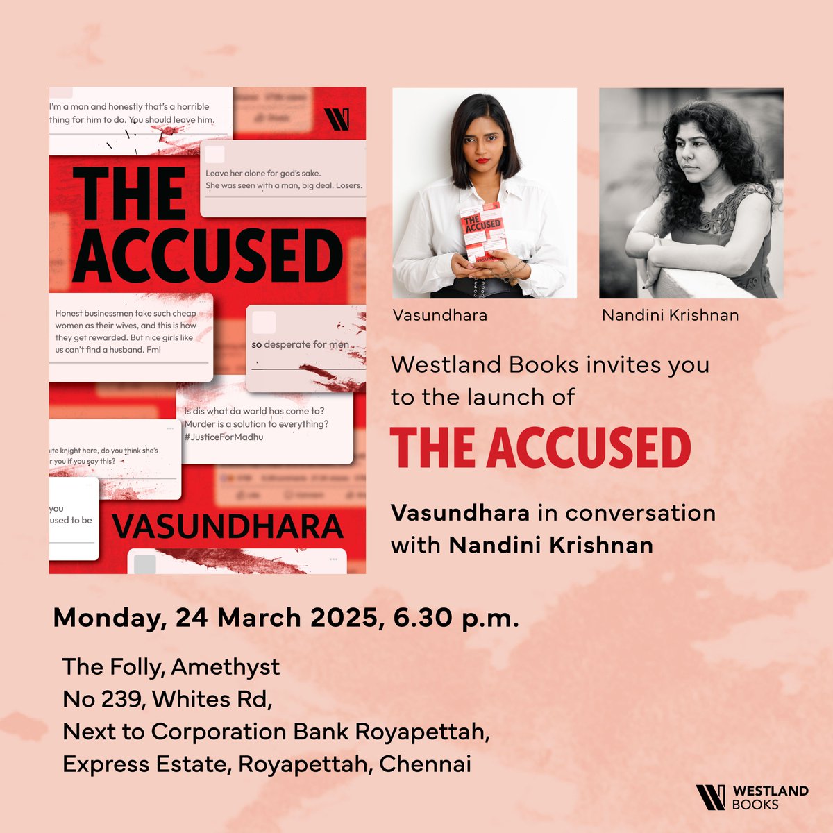 Westland Books (@westlandbooks) on Twitter photo Mark your calendars #Chennai ! We are launching <a href="/ivasuuu/">Vasundhara</a>'s gripping thriller The Accused on 24 March with <a href="/k_nandini/">Nandini Krishnan</a>.
Join us for an evening of exciting conversations! Mark your calendars #Chennai ! We are launching <a href="/ivasuuu/">Vasundhara</a>'s gripping thriller The Accused on 24 March with <a href="/k_nandini/">Nandini Krishnan</a>.
Join us for an evening of exciting conversations!