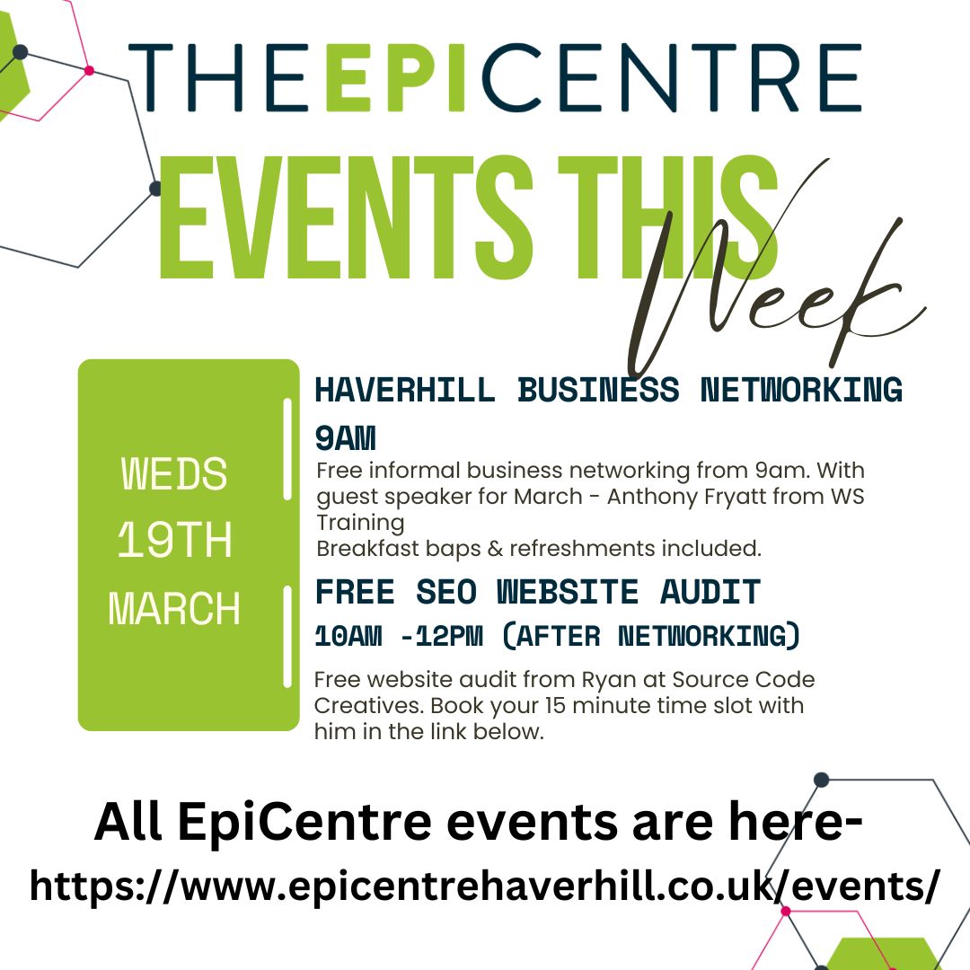The EpiCentre at Haverhill (@the_epicentre_) on Twitter photo Still time to register for this month's Networking morning starting at 9am or to have Source Code Creative give a free audit of your website.
Book your free networking place here 👇
epicentrehaverhill.co.uk/events/haverhi…
Book a 15 minute audit with Ryan here 👇
meetings-eu1.hubspot.com/ryan-farrow/ne… Still time to register for this month's Networking morning starting at 9am or to have Source Code Creative give a free audit of your website.
Book your free networking place here 👇
epicentrehaverhill.co.uk/events/haverhi…
Book a 15 minute audit with Ryan here 👇
meetings-eu1.hubspot.com/ryan-farrow/ne…