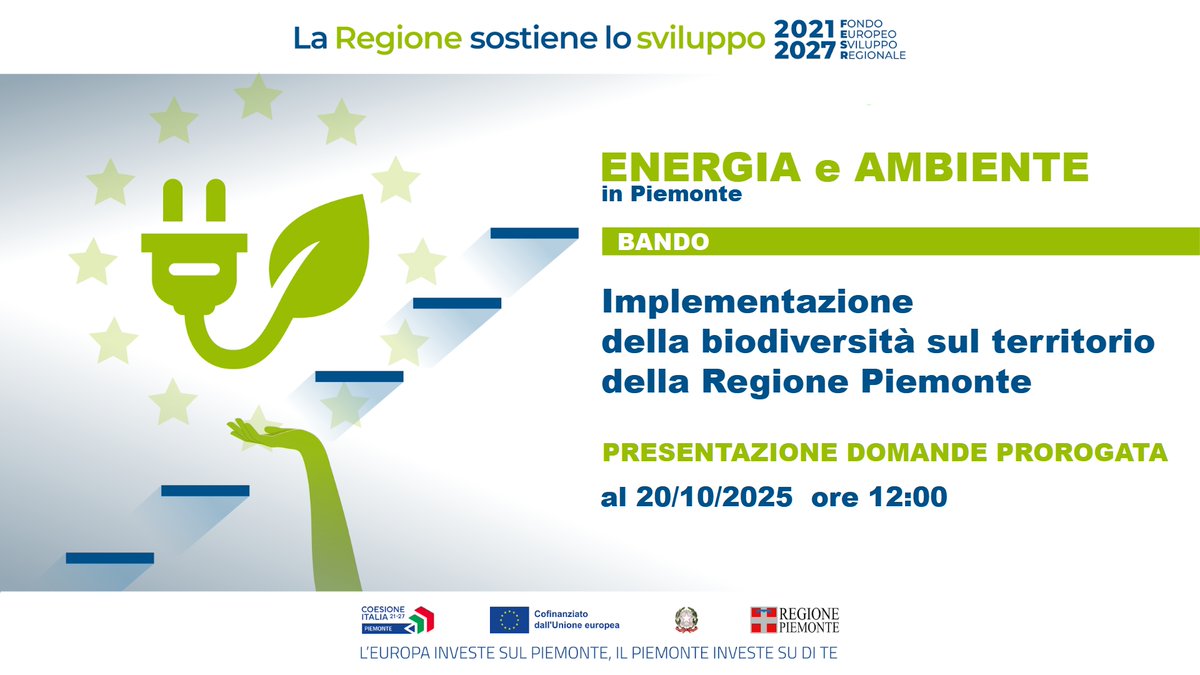 🔷 Prorogato fino alle ore 12:00 del 20 ottobre 2025 il termine per la presentazione delle domande a valere sul bando “Implementazione della #biodiversità sul territorio della Regione Piemonte”.
Qui è disponibile il bando completo
bandi.regione.piemonte.it/contributi-fin…