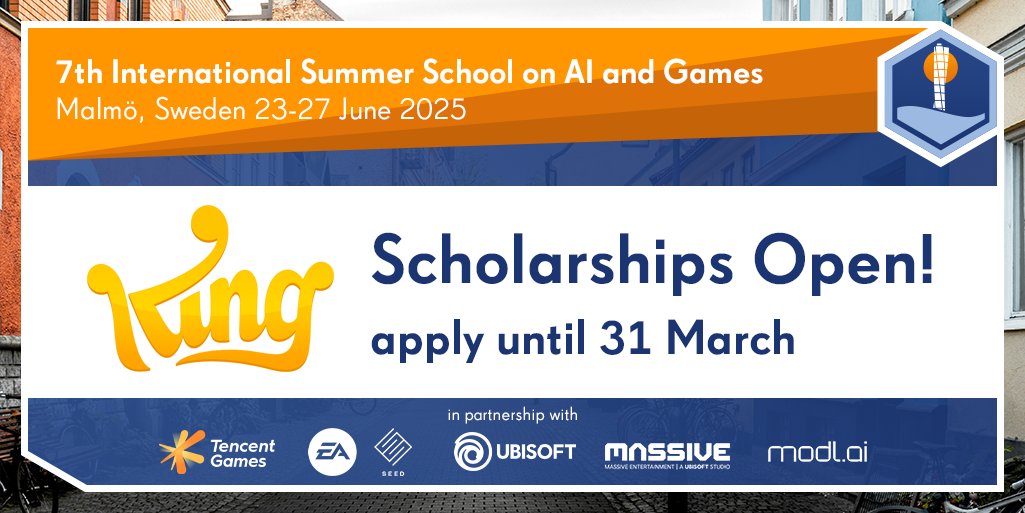 AI and Games School 2025 (@gameaischool) on Twitter photo 🎉 Big news! We're offering full scholarships to attend the #GameAISchool2025 — thanks to the generous support of our sponsor <a href="/King_Games/">King</a>!
If you're passionate about AI and games join us in Malmö this June. Don't miss this chance to learn, apply now: school.gameaibook.org/#scholarship 🎉 Big news! We're offering full scholarships to attend the #GameAISchool2025 — thanks to the generous support of our sponsor <a href="/King_Games/">King</a>!
If you're passionate about AI and games join us in Malmö this June. Don't miss this chance to learn, apply now: school.gameaibook.org/#scholarship